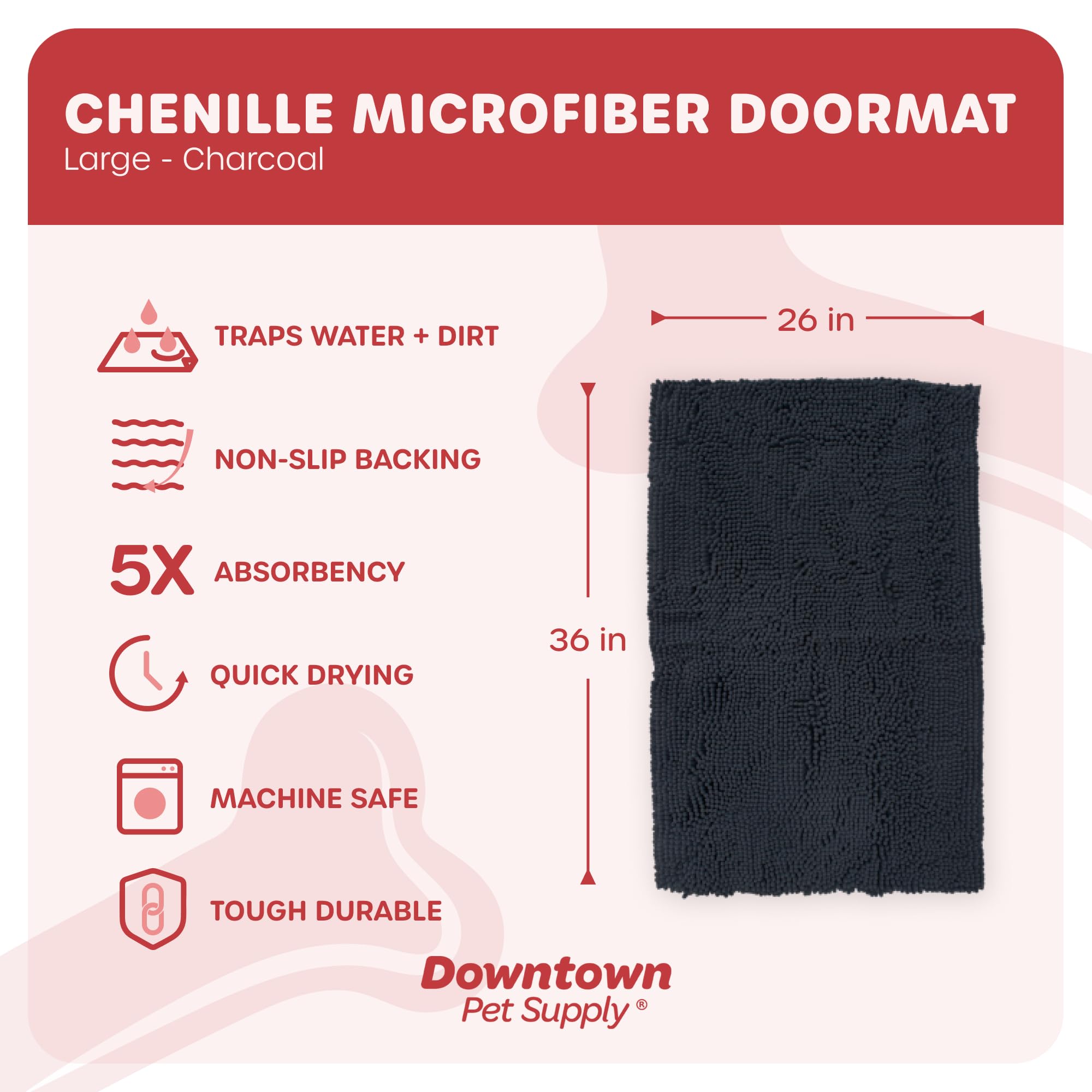 My Doggy Place Microfiber Dog Mat for Muddy Paws, 36 x 26 Charcoal - Absorbent and Quick-Drying Dog Paw Cleaning Mat, Washer and