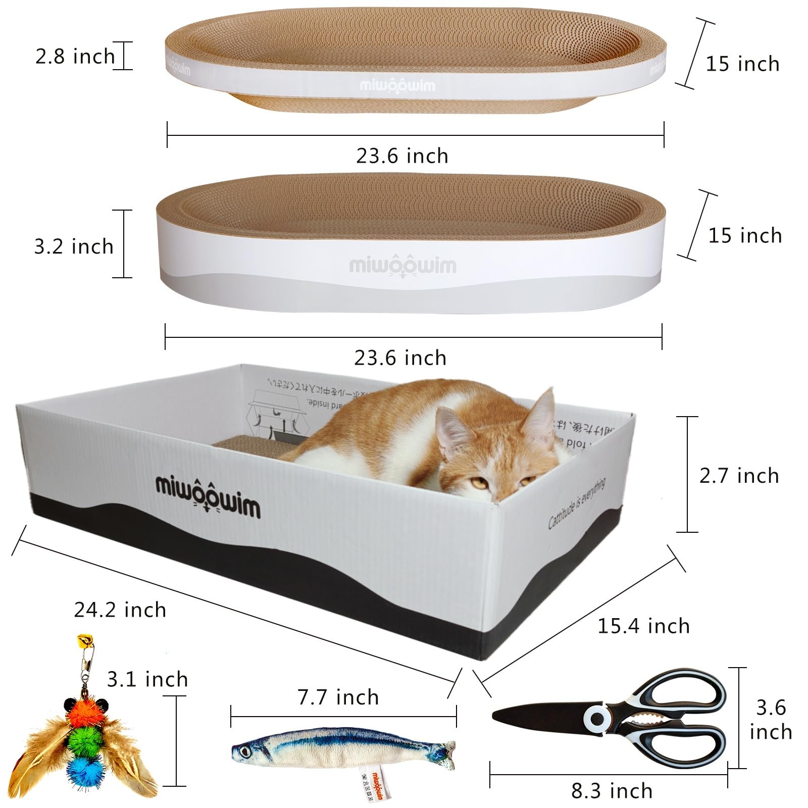 Miwoowim 3Pcs 23.6 Inch Extra Large Cat Scratcher Bed,Big Cats Box With Corrugated Scratch Pad, Scratching Lounge Bed,Oval Shape