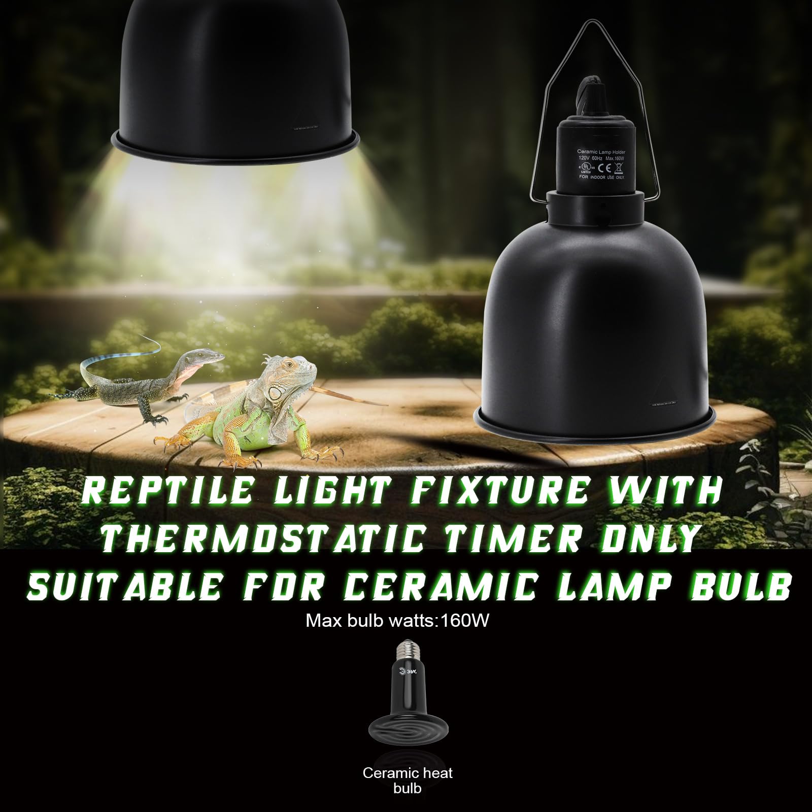 Mecesor 5.5'' Deep Dome Reptile Lamp Fixture With Thermostat Timer & Dual Controls, Heat-Resistant Ceramic Bulb Holder For Beard