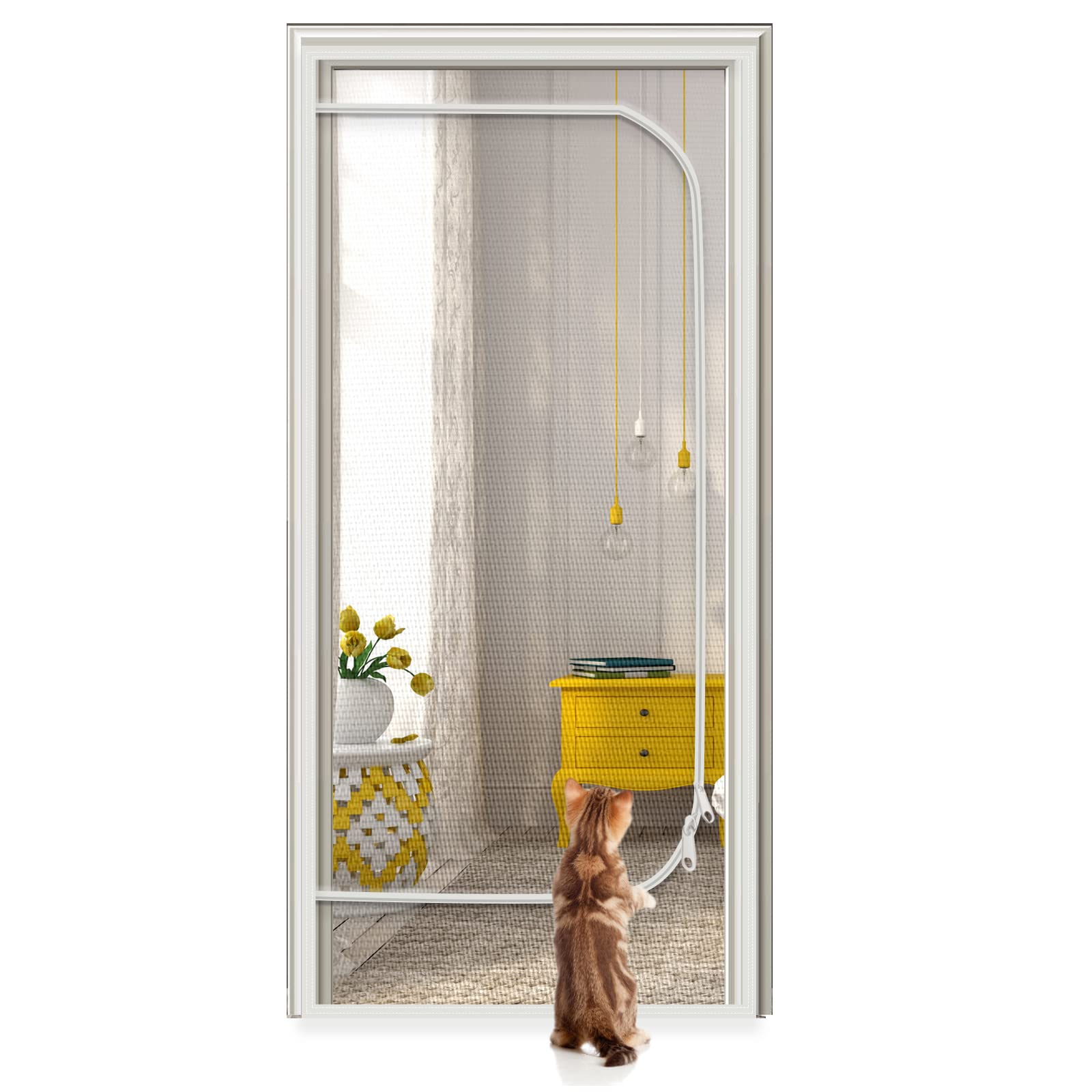 Cat Screen Door Reinforced Pet Proof Screen Door Zipper Curtain To Keep Dogs And Cats Out Stop Cats Running Out Screen Door With Zipper For Living Room, Bedroom, Patio Doors Fits Door Size 38''X 80''