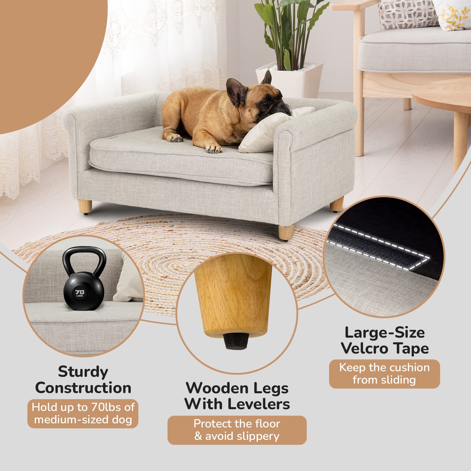 Dcee Dog Sofa Bed, 33 Inch Light Gray Couch For Medium Dogs Up To 70 Lbs, Offering Soft Velvety Comfort, Joint Support, And A Wa