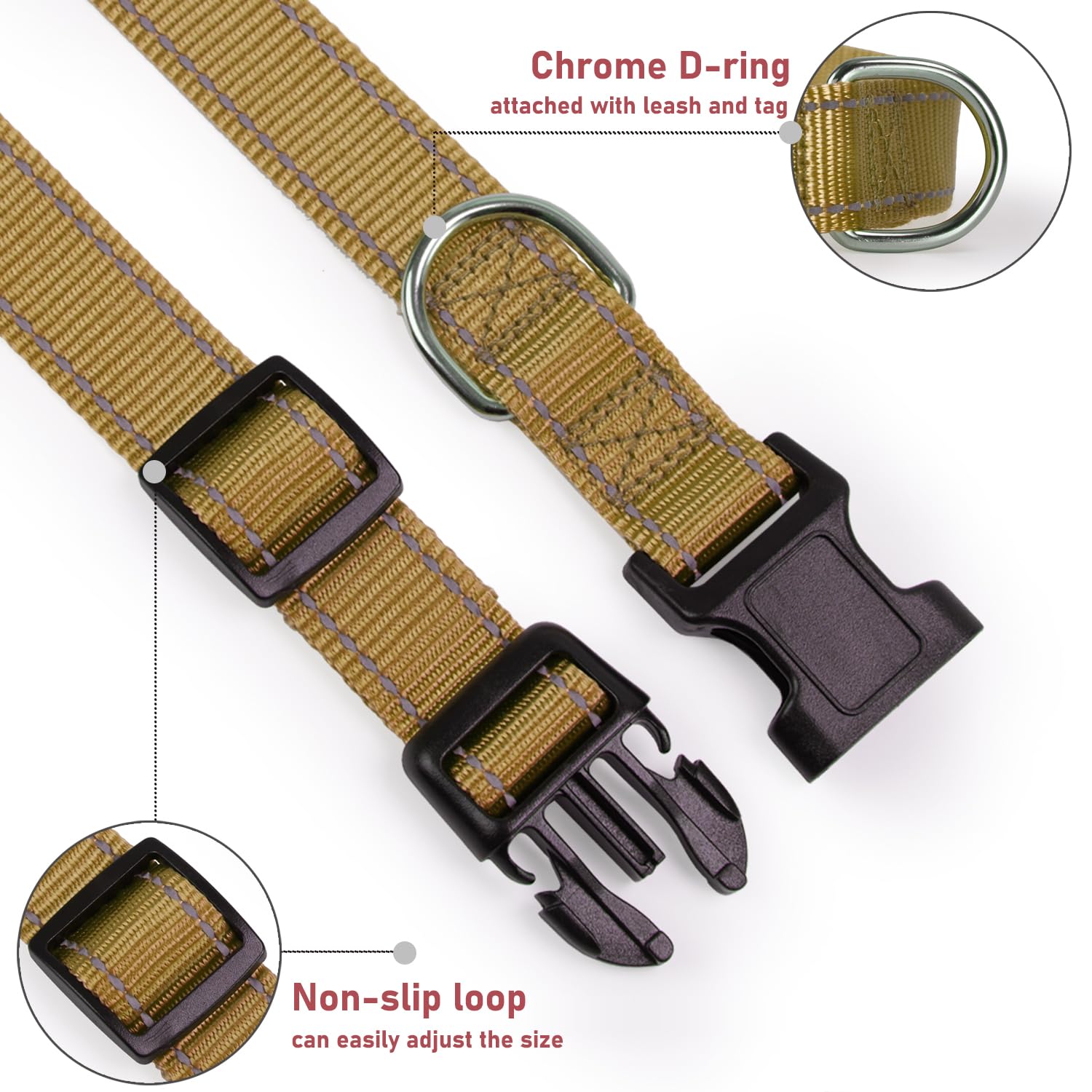 Reflective Dog Collar With Buckle Adjustable Safety Nylon Collars For Small Medium Large Dogs, Brown M