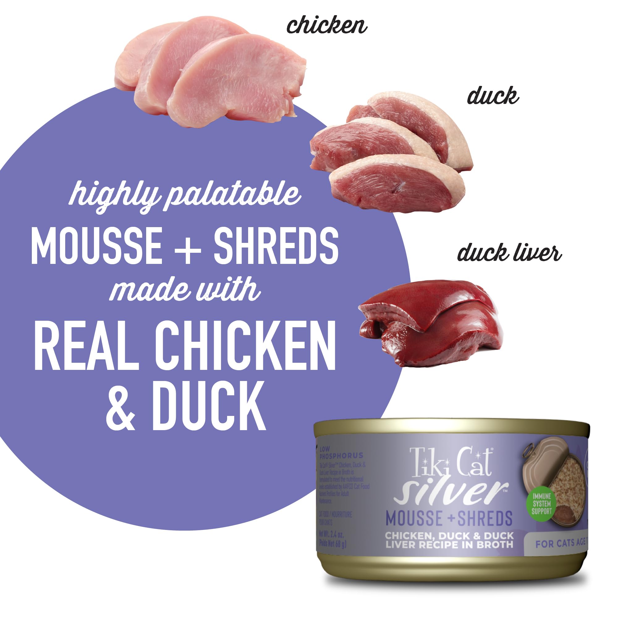 Tiki Cat Silver Comfort Mousse + Shreds, Chicken & Duck and Duck Liver, Immune System Support Formulated for Older Cats Aged 11+
