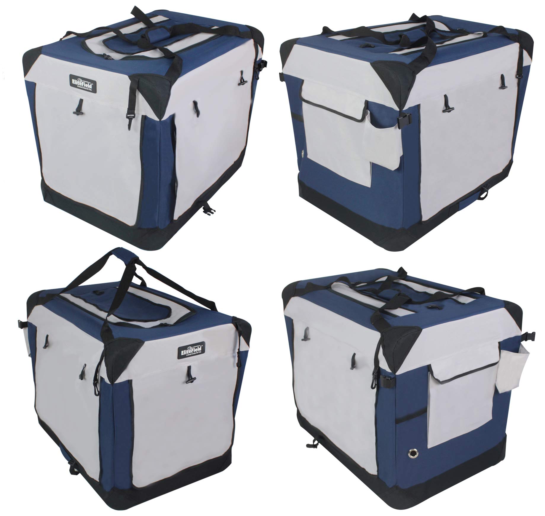 Elitefield 4-Door Folding Soft Dog Crate With Curtains, Carrying Bag And Fleece Bed (2 Year Warranty), Indoor & Outdoor Pet Home (36' L X 24' W X 28' H, Navy Blue +Gray)