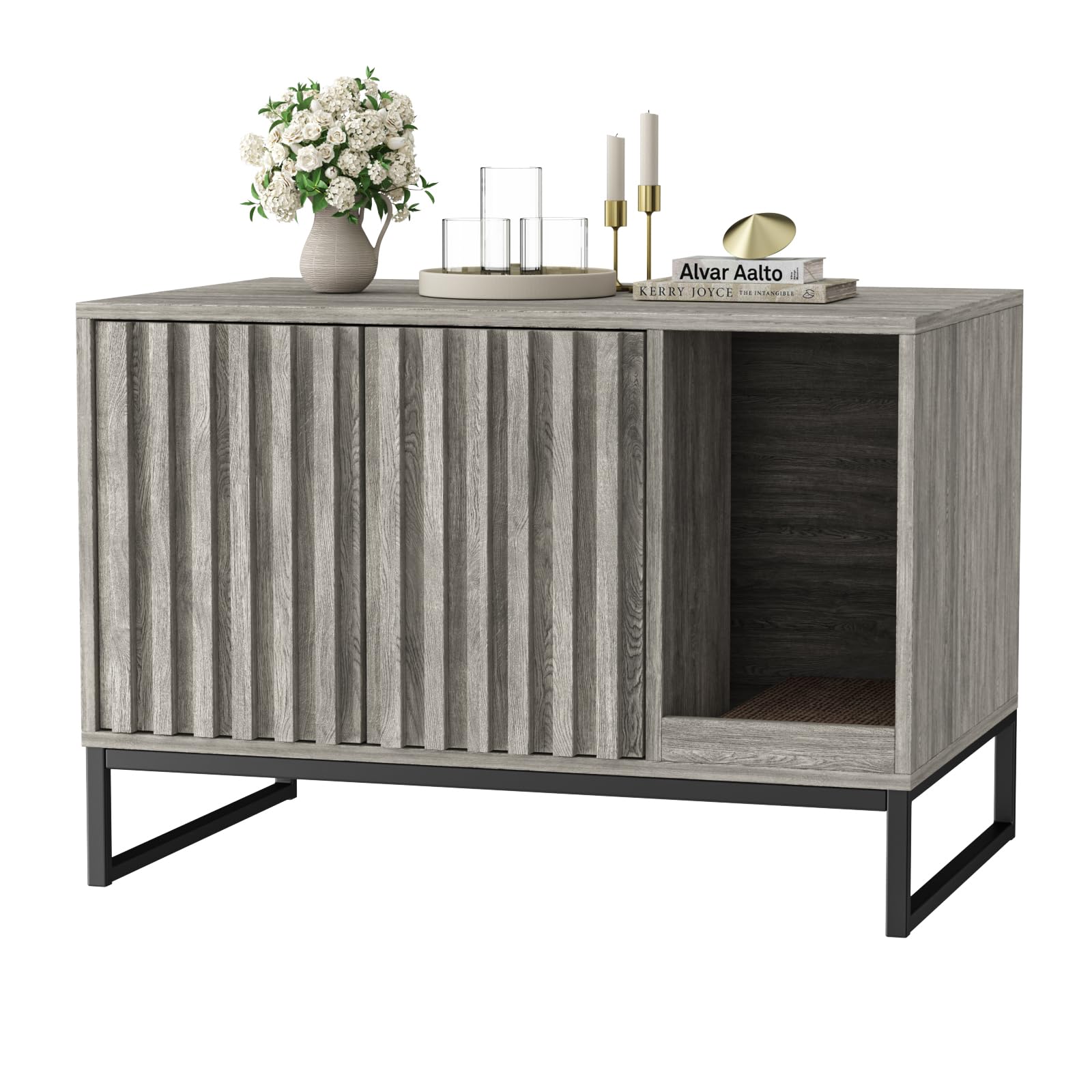 Halitaa Litter Box Enclosure, Modern Cat Litter Box Enclosure Furniture Hidden Litter Box With Cat Scratch Pad, Cat Washroom Cat