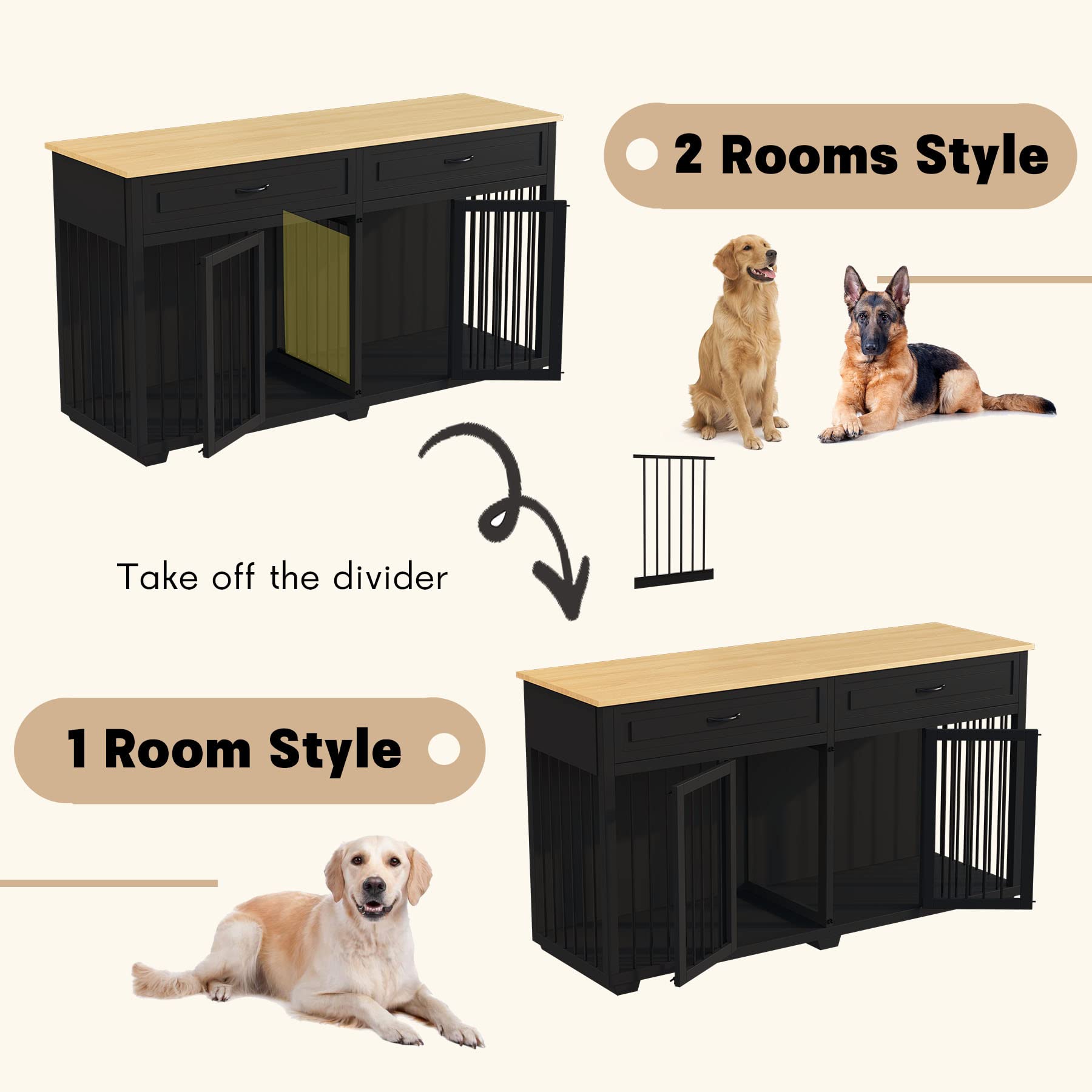 DAWNSPACES Large Dog Crate Furniture, 72 Wooden Heavy Duty Indoor Dog Kennel Cage with Double Rooms, 2 Drawers & a Divider, for