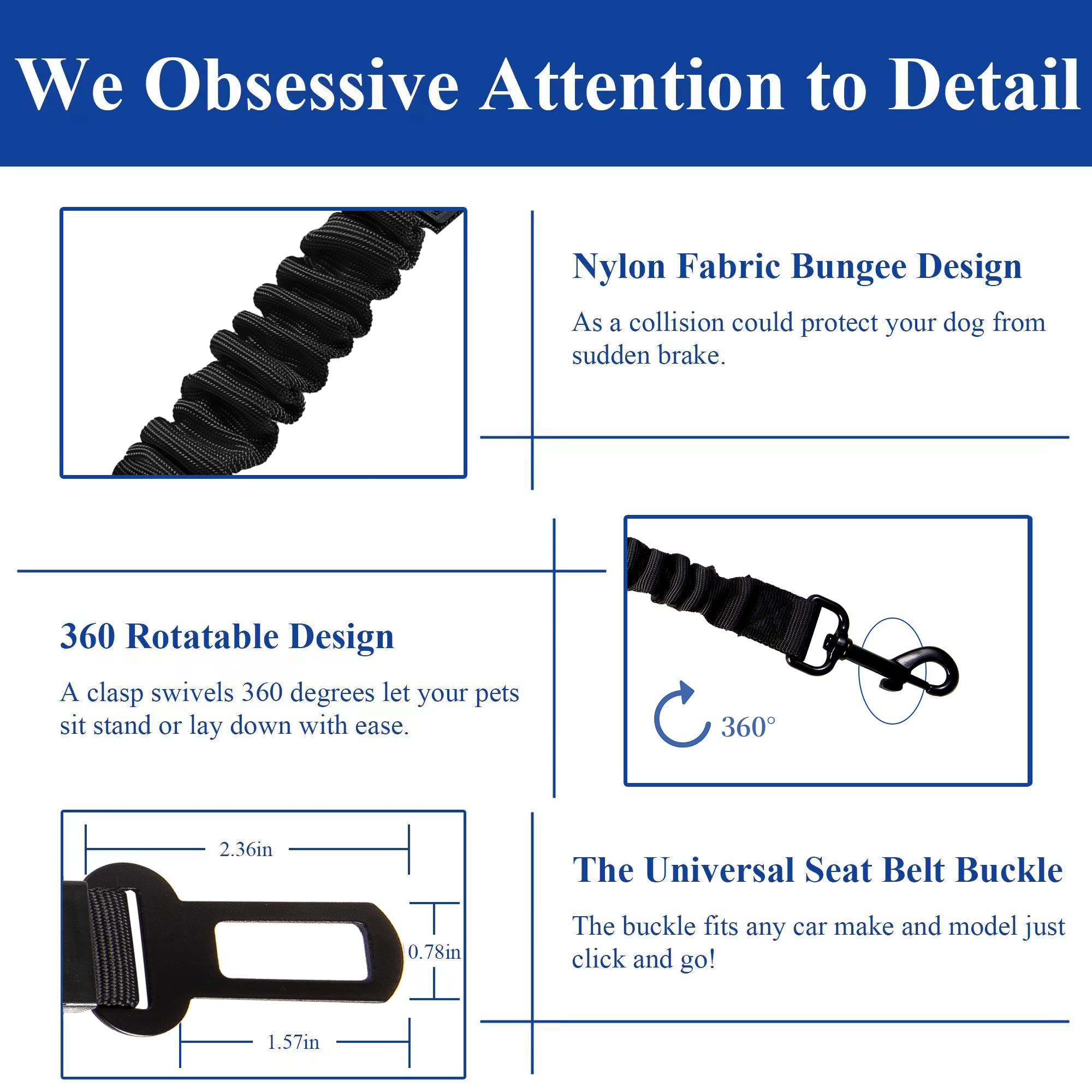 fancigo Dog Seat Belt for Car. 2 Pack Adjustable Dog Safety Seatbelt. Adjustable Strap, Strong Nylon Fabric, Bungee Buffer Dog P