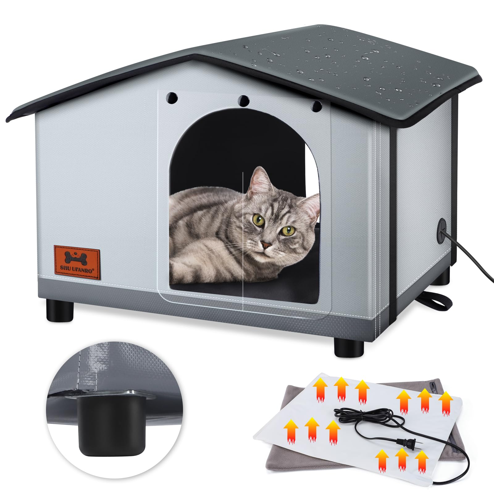 Shu Ufanro Insulated Heated Cat House Indoor/Outdoor, Elevated Cat House With Heated Pad For Winter, Outside Weatherproof Shelte