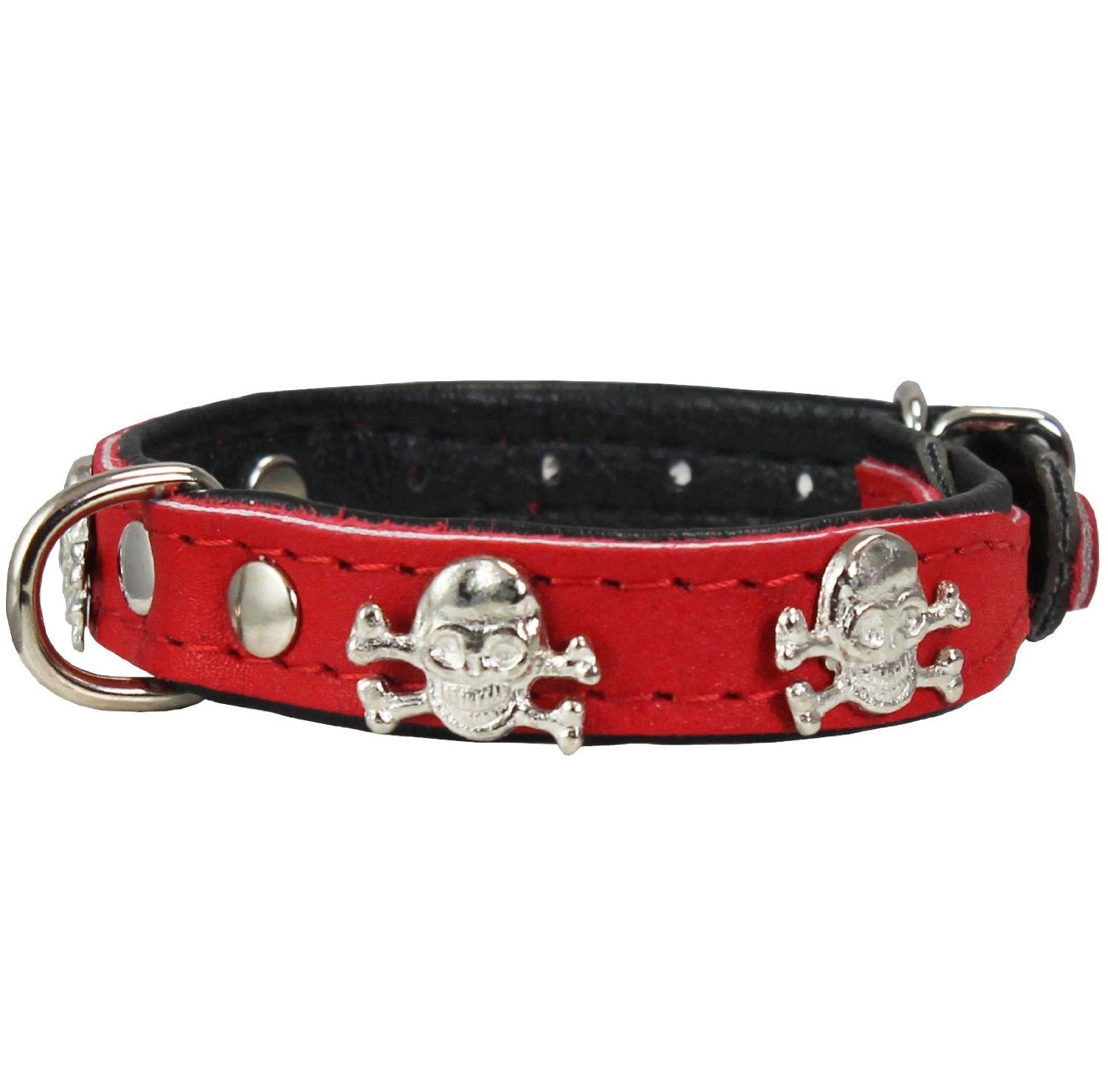 Dogs My Love Real Leather Skull Studded Padded Dog Collar (8.75''-10.5'' Neck; 1/2'' Wide, Red/Black)