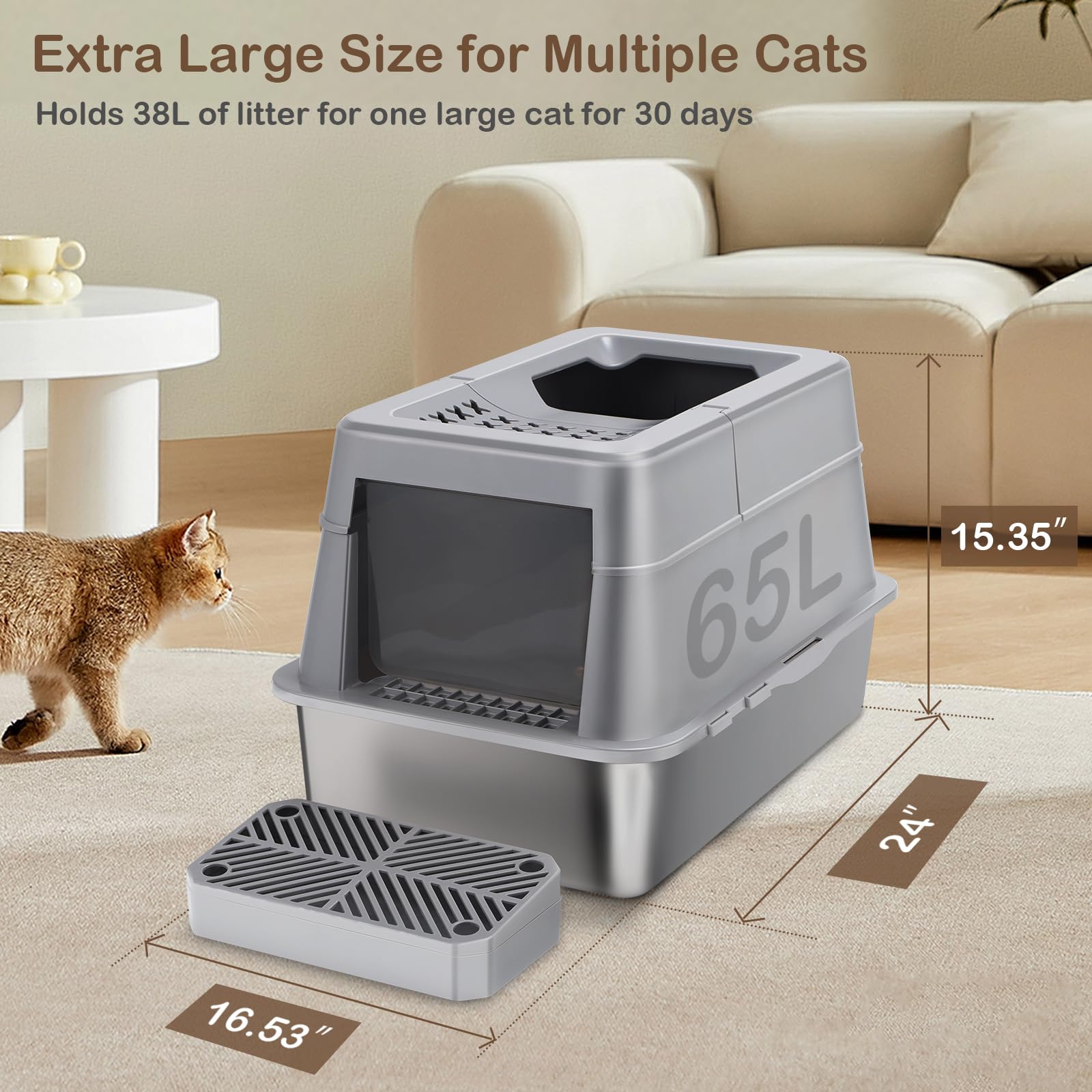 Stainless Steel Cat Litter Box With 110 Flip-Top Lid, Xxl Large Enclosed Metal Litter Box For Big Cats With Scoop & Pedal, Remov