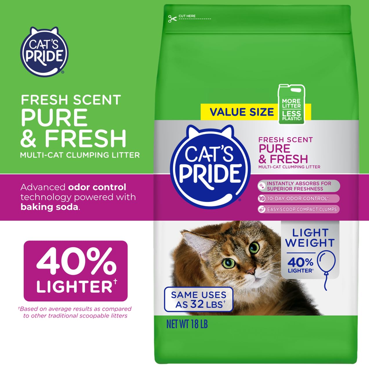 Cats Pride Premium Lightweight Clumping Litter: Pure & Fresh - Up to 10 Days of Powerful Odor Control - Multi-Cat, Scented, 18