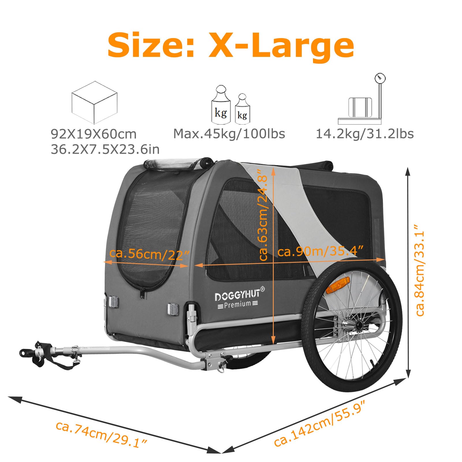 Doggyhut Premium Xl Pet Bike Trailer For Large Dog Or Multiple Small Dogs, Up To 100 Lbs,Dog Bicycle Carrier,Low Center Of Gravi