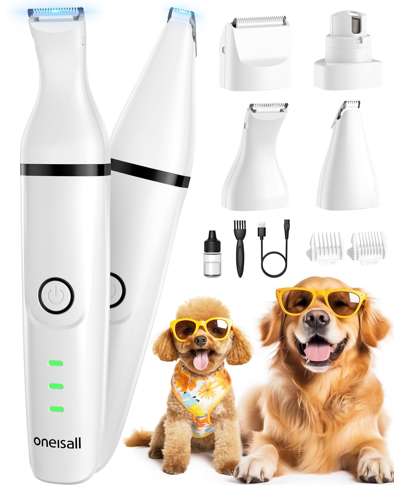 Oneisall 4-In-1 Cordless Dog Grooming Kit With 2-Speed Clippers, Low Noise Paw Trimmer & Rechargeable Quiet Nail Grinder For Dog