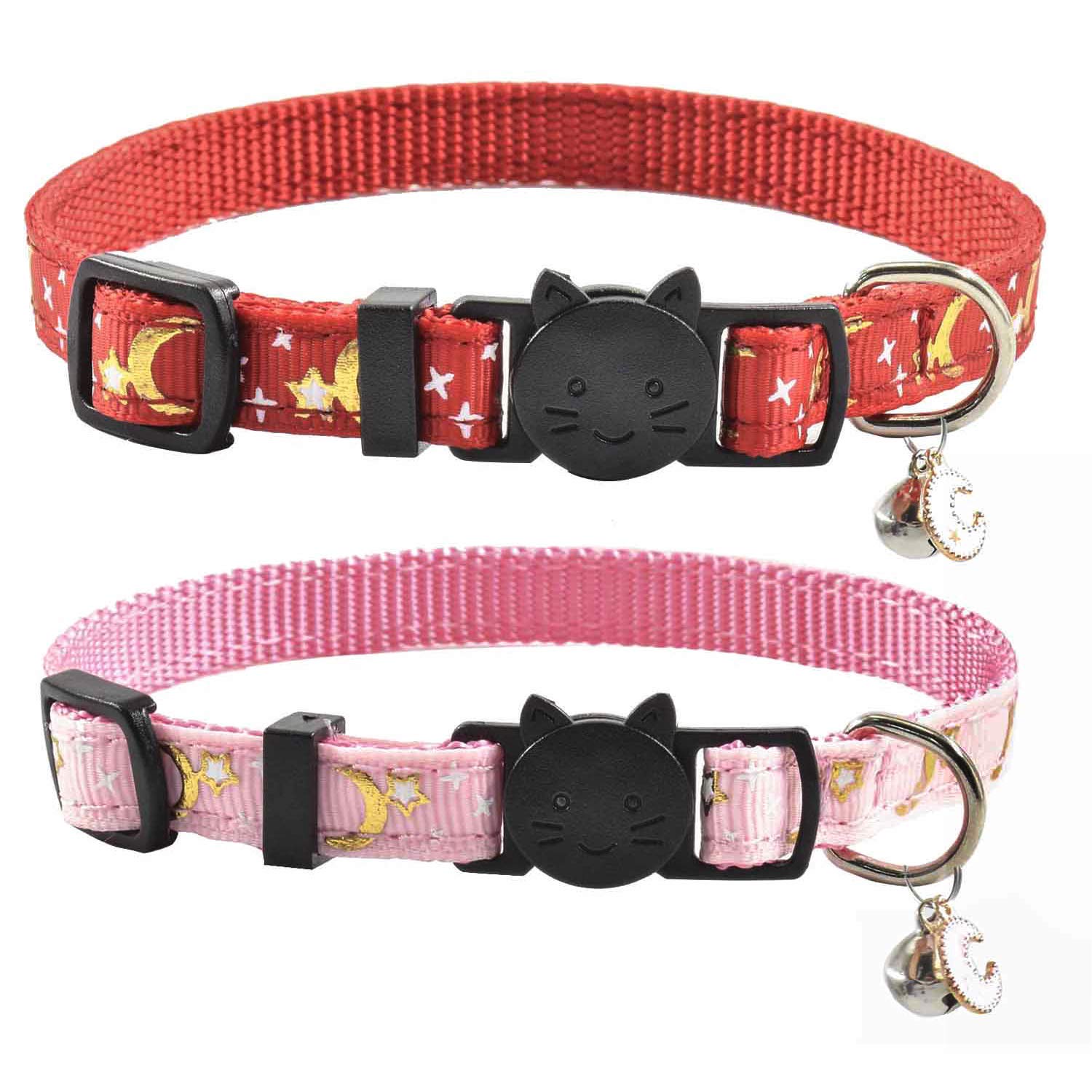 2 Pcs Breakaway Cat Collar With Bell, Cute Adjustable Kitten Collars With Accessories (Red Pink)