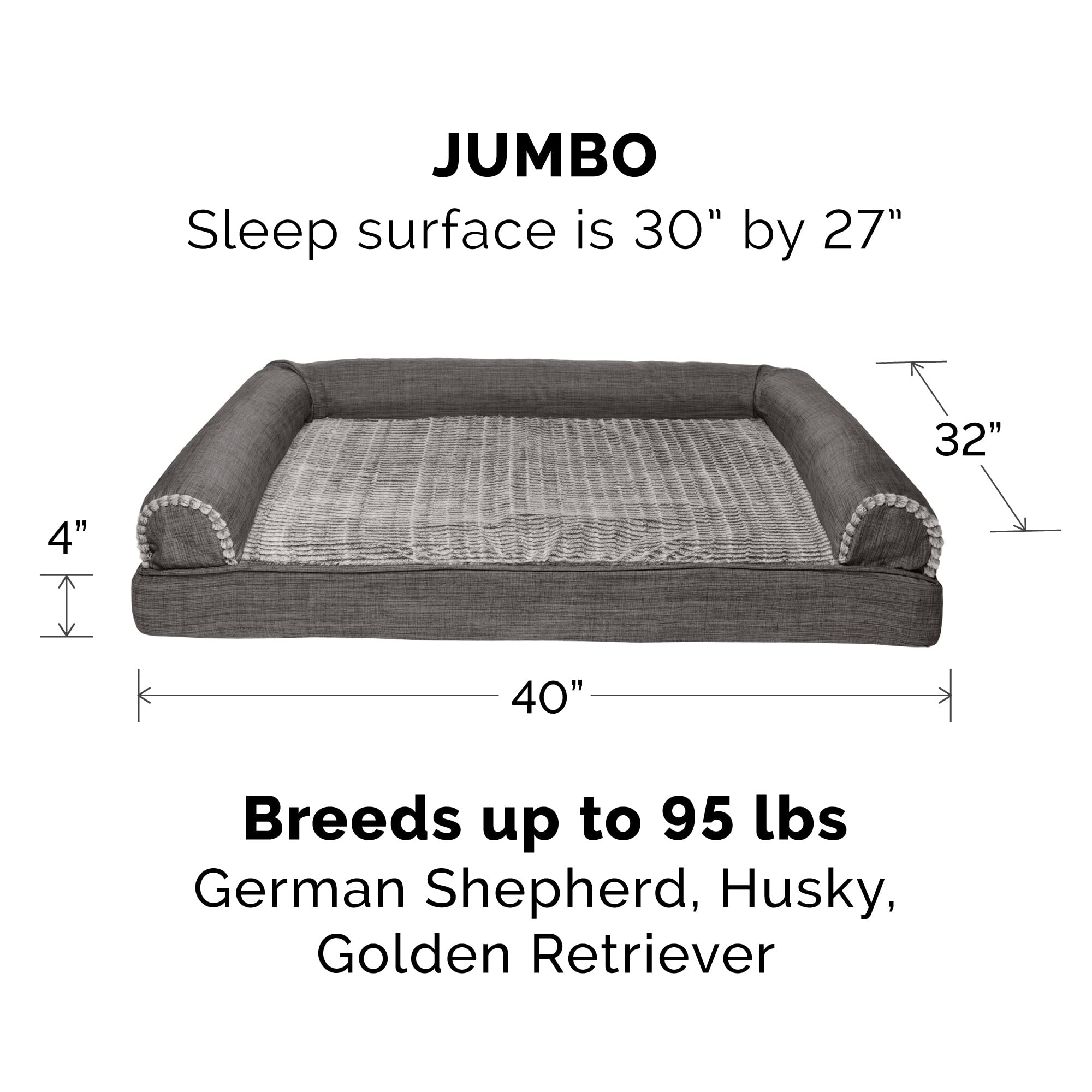 Furhaven Orthopedic Dog Bed For Large Dogs W/ Removable Bolsters & Washable Cover, For Dogs Up To 95 Lbs - Luxe Faux Fur & Performance Linen Sofa - Charcoal, Jumbo/Xl