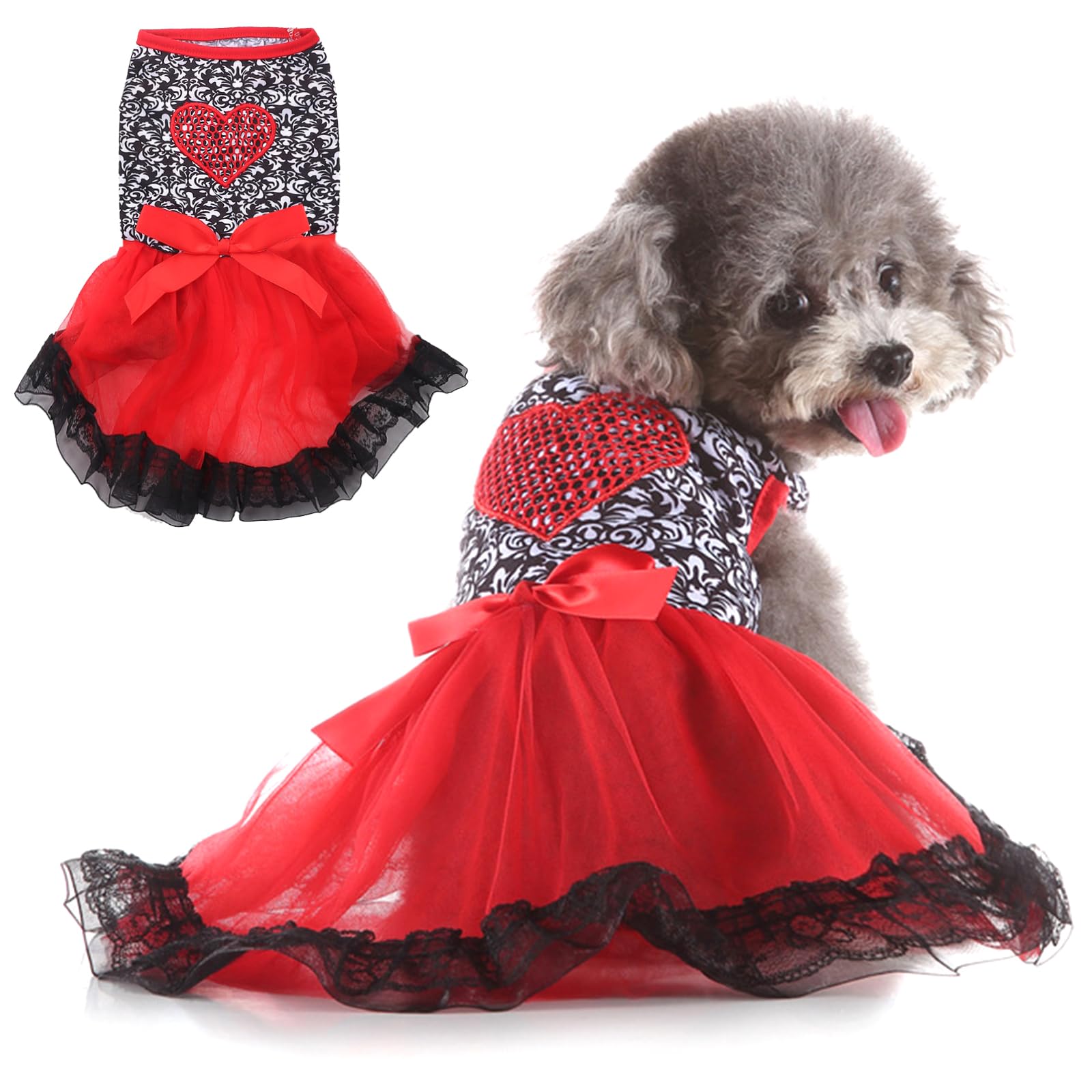 Dog Costume Dress S, Black Floral Top With Red Tulle Skirt And Bow, Glitter Heart Pet Outfit For 6-7 Lbs Dogs And Cats, Holiday 