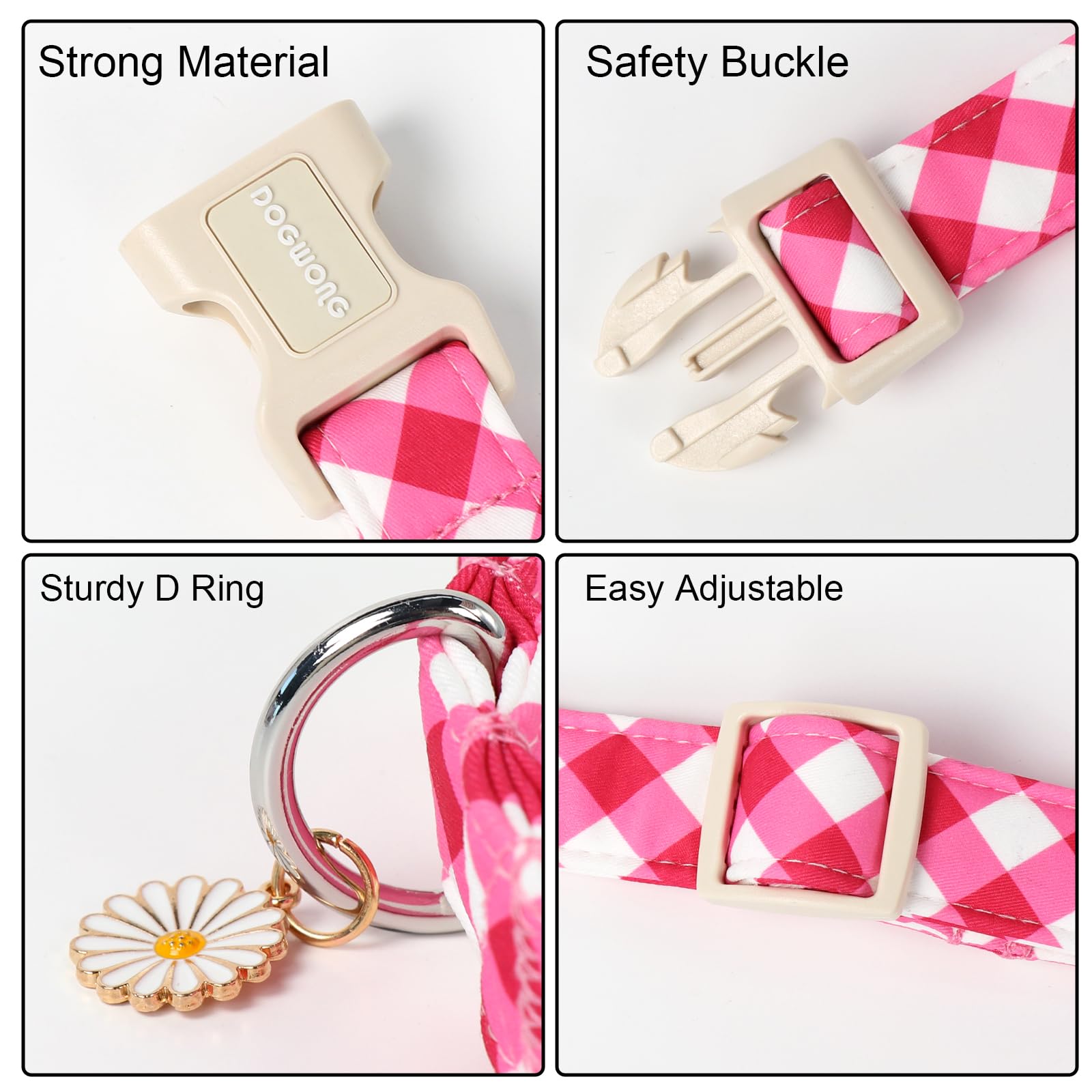 Dogwong Pink Plaid Dog Collar, Pink Dog Collar Adjustable Soft Natural Fabric Girl Pet Dog Collars Cute Puppy Necklace For Small