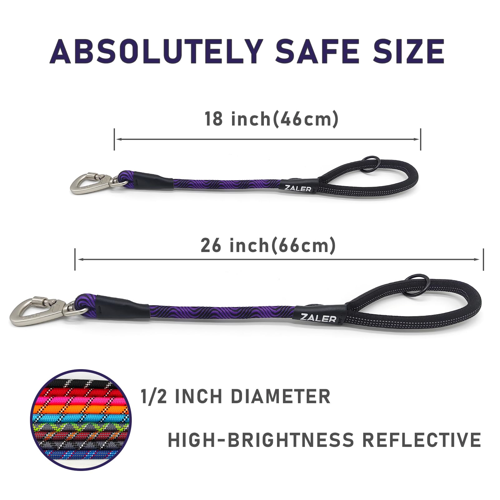 ZALER Short Dog Leash, 26 Inches Rope Traffic Leashes for Dogs, Reflective Dog Lead with O-Ring, Heavy Duty Pet Leash for Large