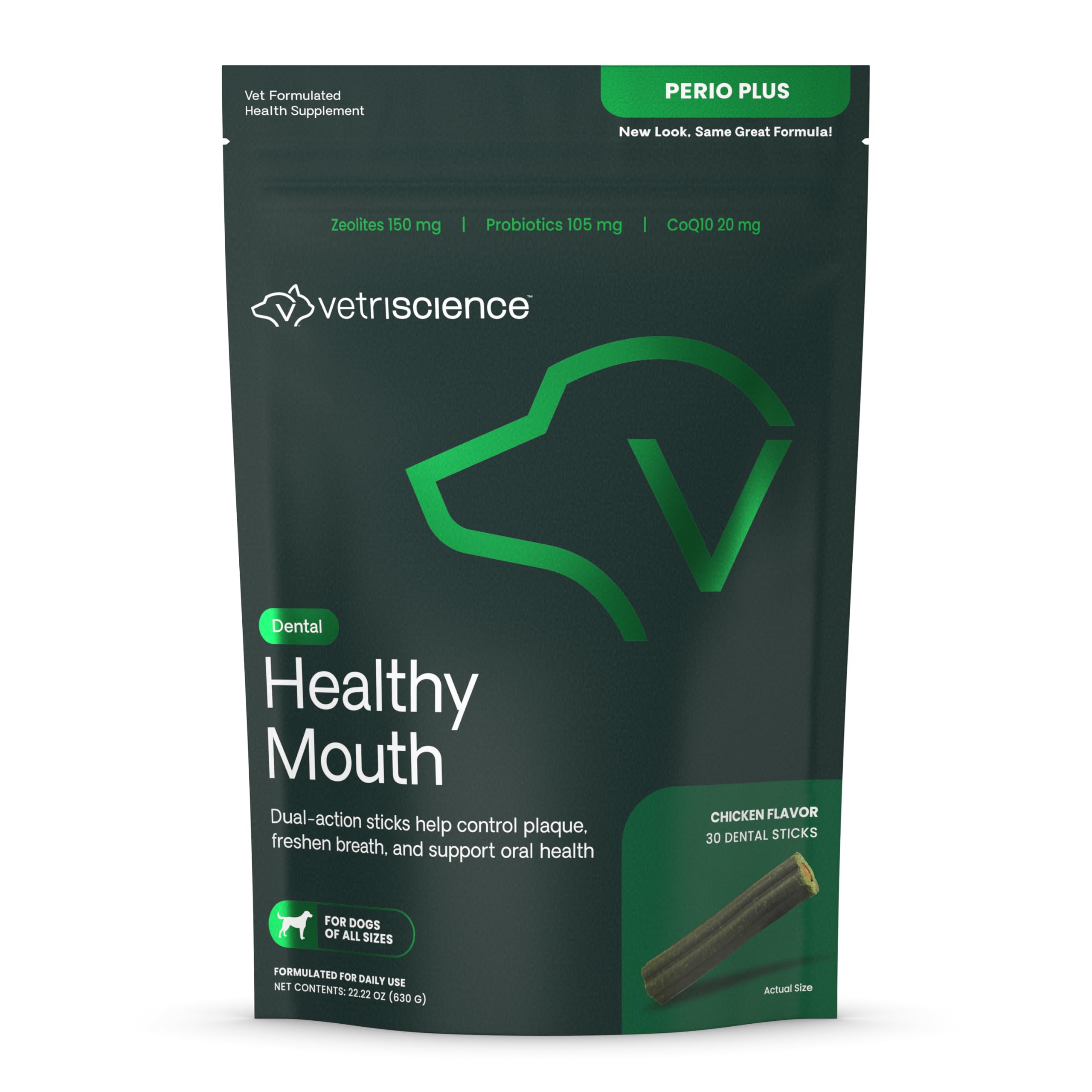 VetriScience Healthy Mouth Dental Chews, Perio Plus Sticks for Dogs, with Probiotics, Spirulina & Zeolites, Breath Freshening, P