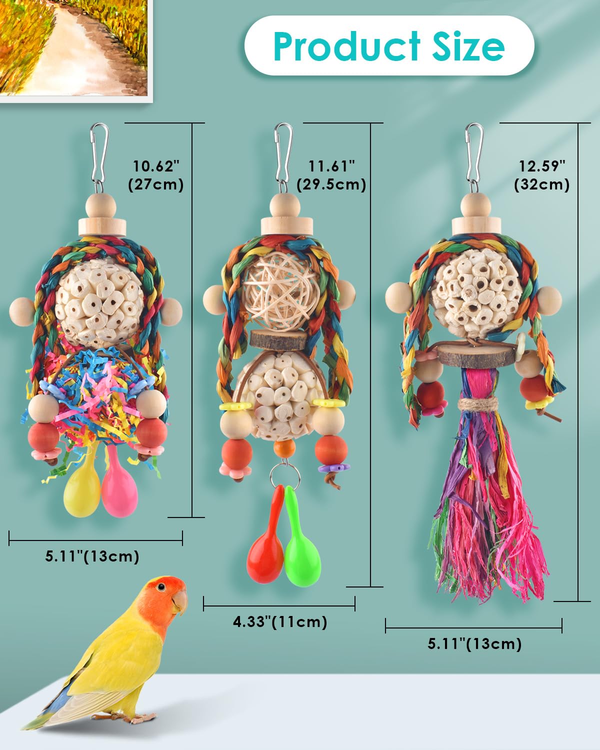 Bissap 3Pcs Bird Parrot Foraging Shredder Hanging Toys Sola Balls With Sand Hammer For Small Parrots Parakeets Conures Cockatiel