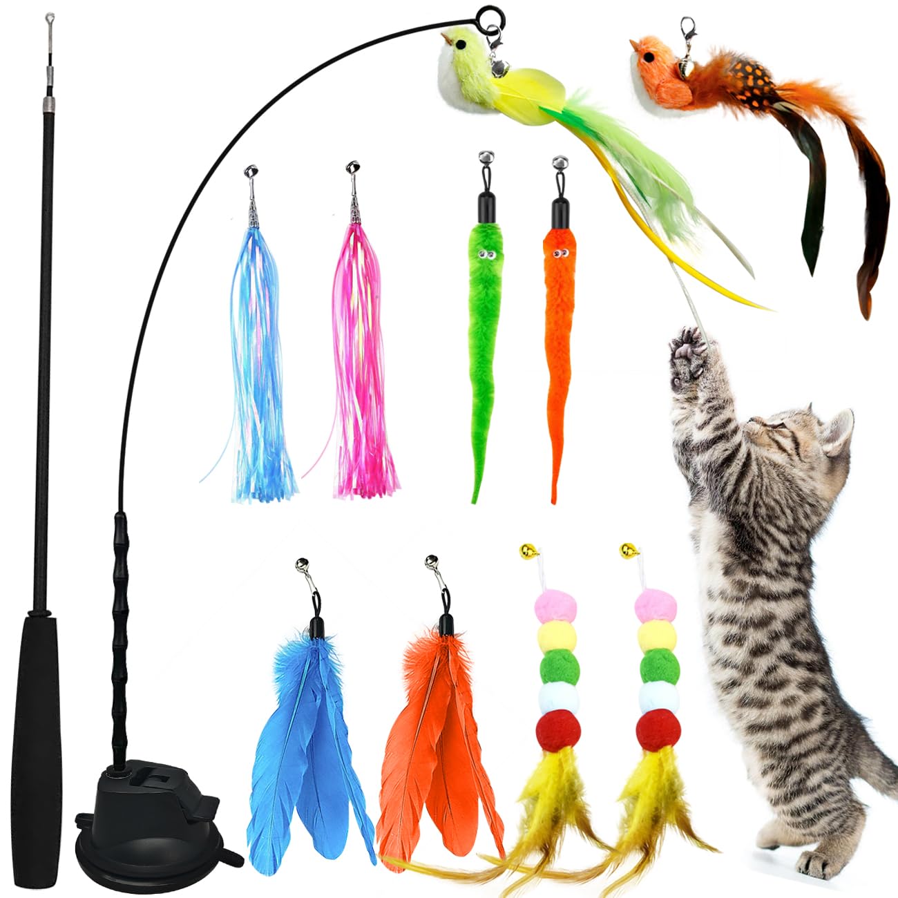 Cat Toys For Indoor Cats,1 Wand+1 Suction Cup+2 Bird+2 Feather+2 Ball+2 Tail+2 String, Interactive Enrichment Stimulation Self P