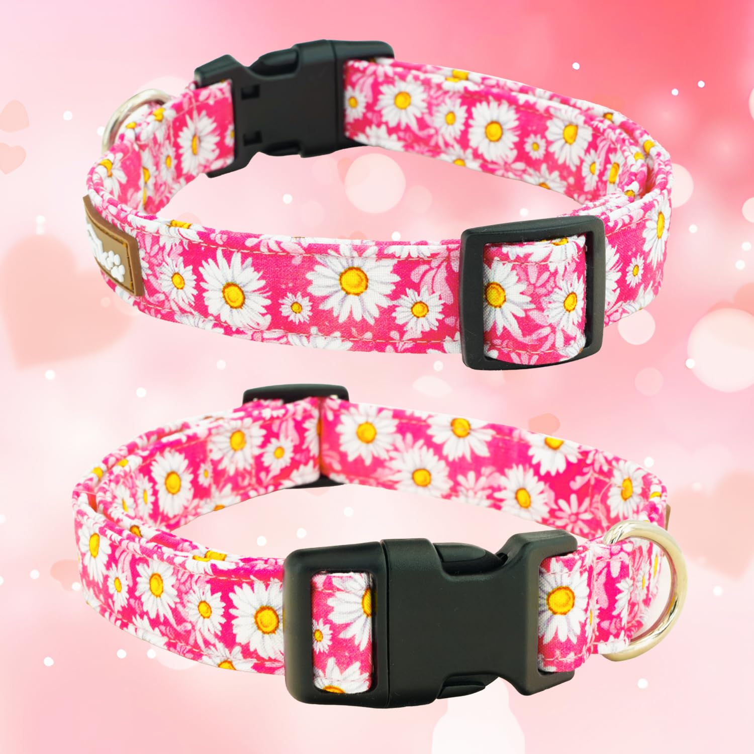 Tunkoo Pink Daisy Dog Collar, Cute Adjustable Premium Cotton Collar Durable Plastic Buckle For Small Medium Large Boys Girls Dog