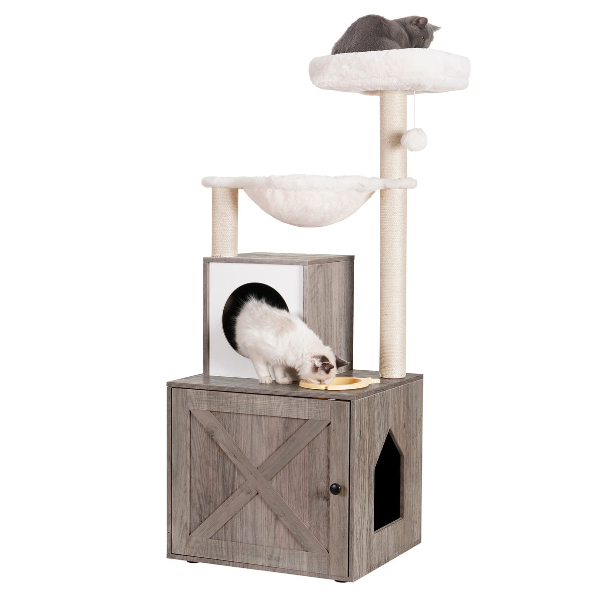 Heybly Cat Tree, Wood Litter Box Enclosure With Food Station, All-In-One Indoor Cat Furniture With Basket And Condo, Modern Styl