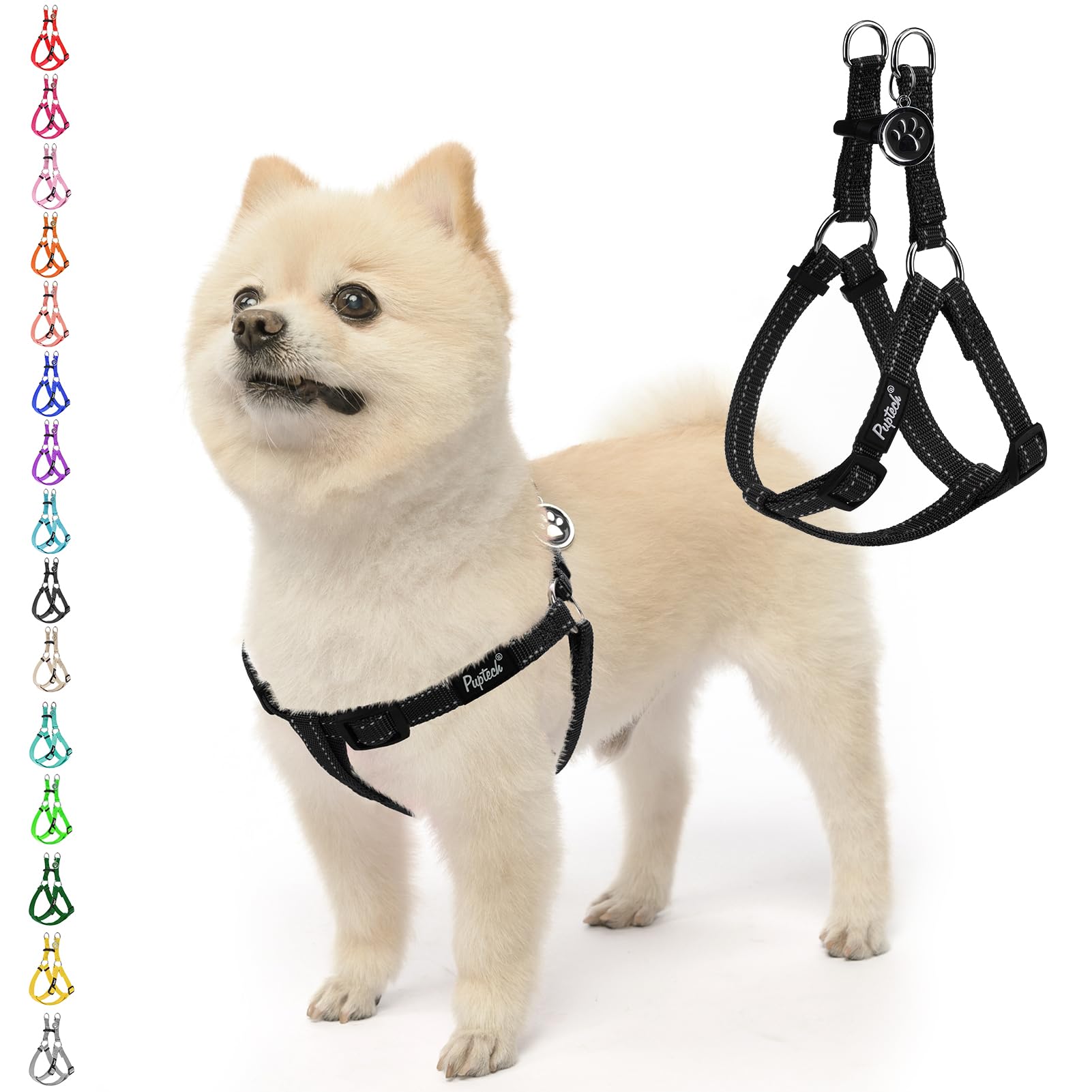 Pupteck No Pull Dog Harness Soft Adjustable Basic Nylon Step In Puppy Vest Outdoor Walking With Id Tag, Reflecive Black, S