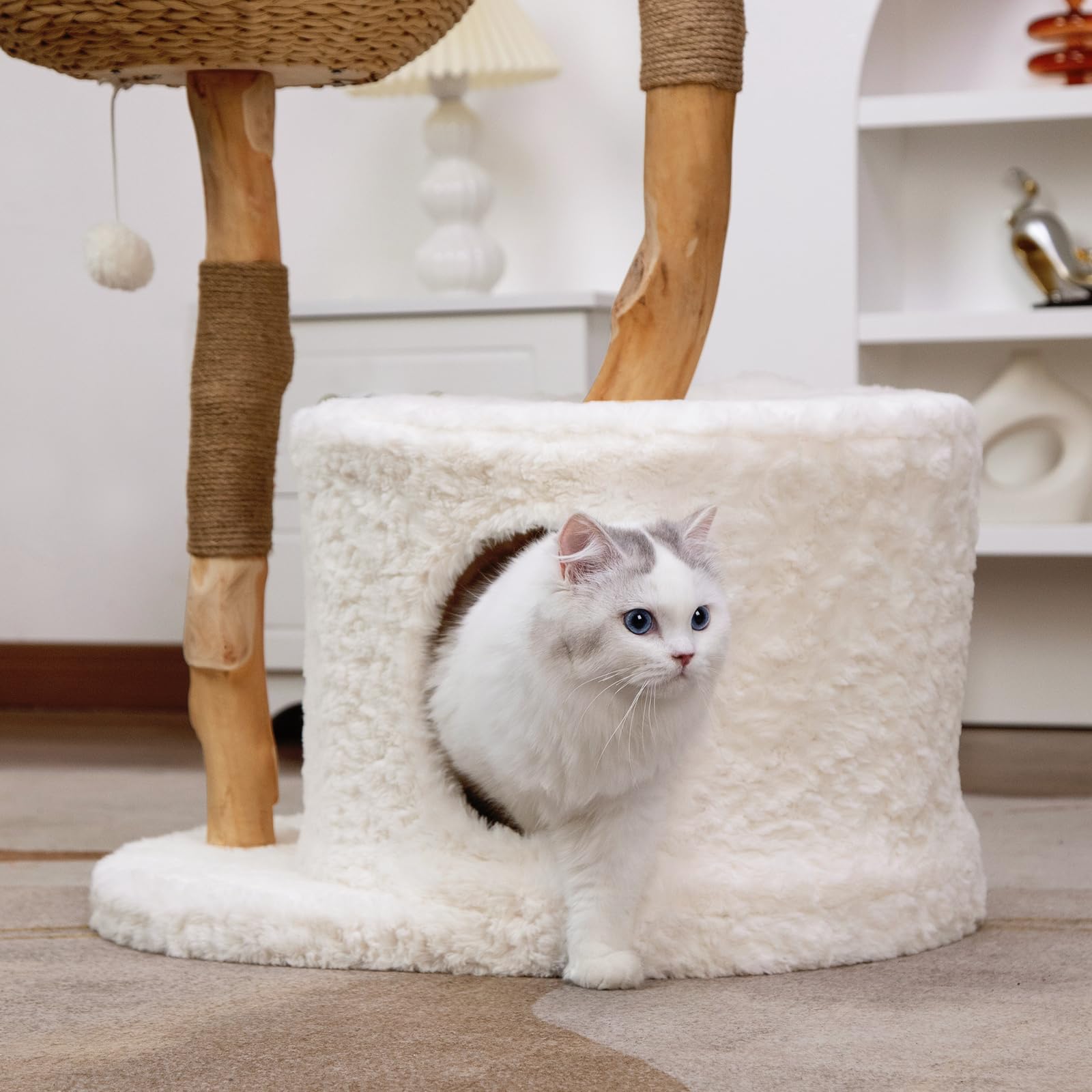 U-Moving 46 Natural Wood Cat Tree For Large Cats - Modern Feline Tower With Scratching Posts, Real Branch Design & Luxury Gift