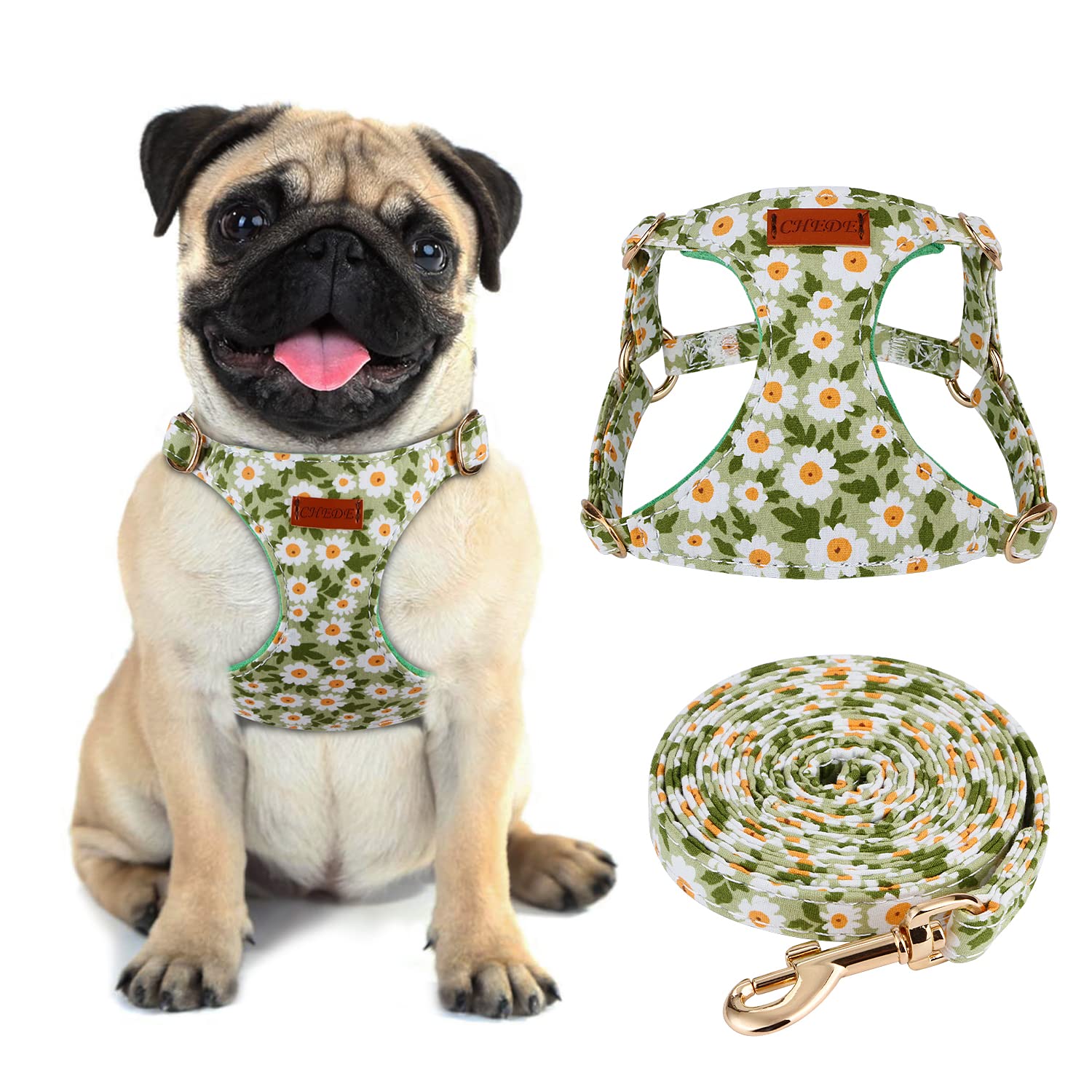 CHEDE Floral Pattern Dog Harness - Lightweight and Soft, Adjustable for Small & Medium Dogs, Includes Leash - Green Daisy