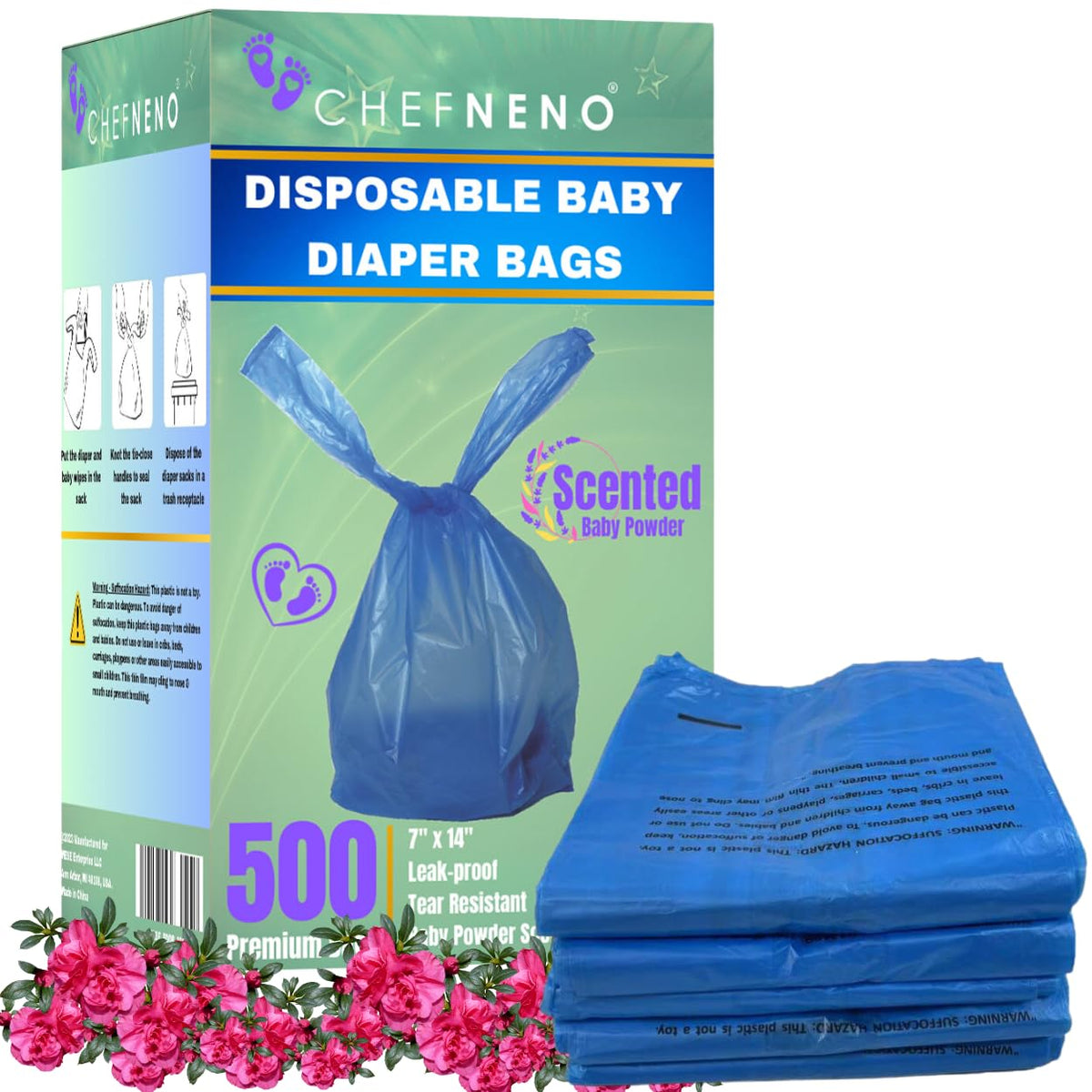 Baby Diaper Bag Disposable (500 Count, Blue) Fresh Baby Powder Scented Easy Tie Handles Bulk Diaper Sacks Disposable Dog Poop Ba