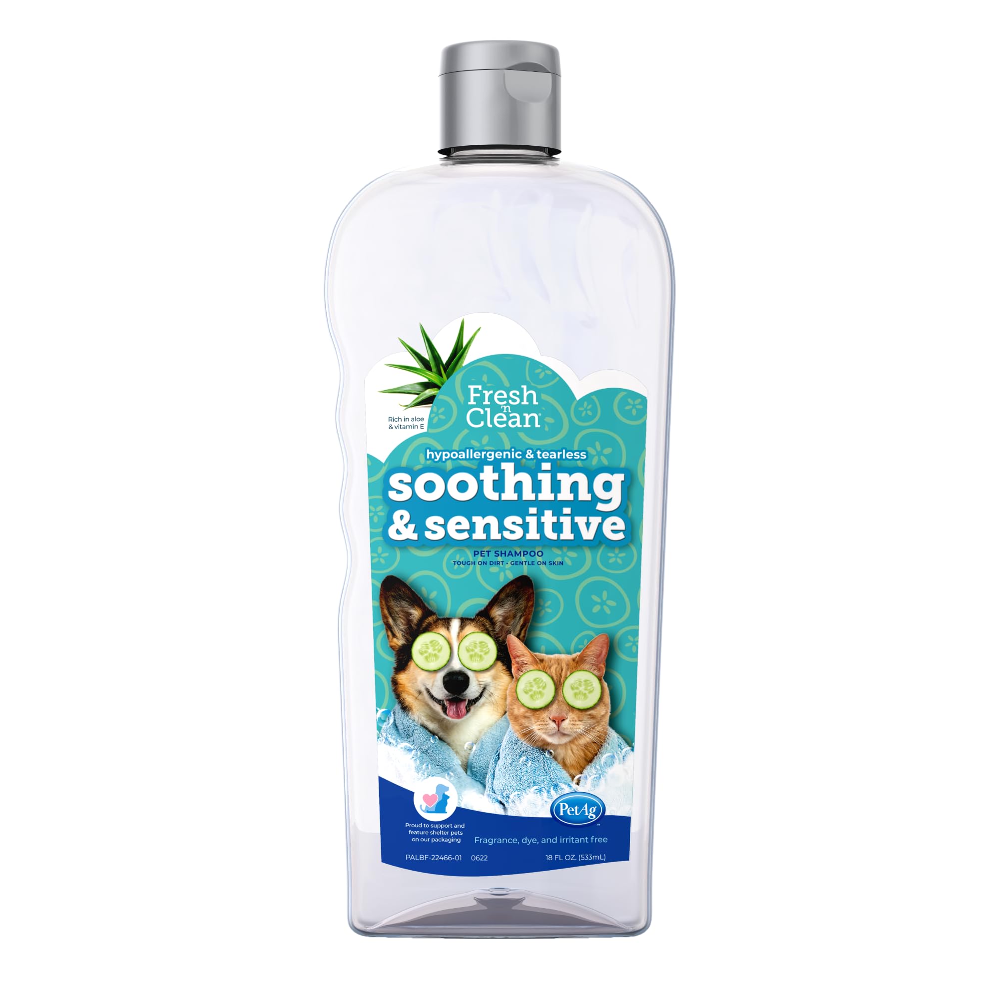 Petag Fresh ’N Clean Soothing & Sensitive Pet Shampoo - 18 Oz - Hypoallergenic & Tearless Pet Shampoo For Dogs, Cats & Small Animals With Aloe & Vitamin E - Fragrance Free