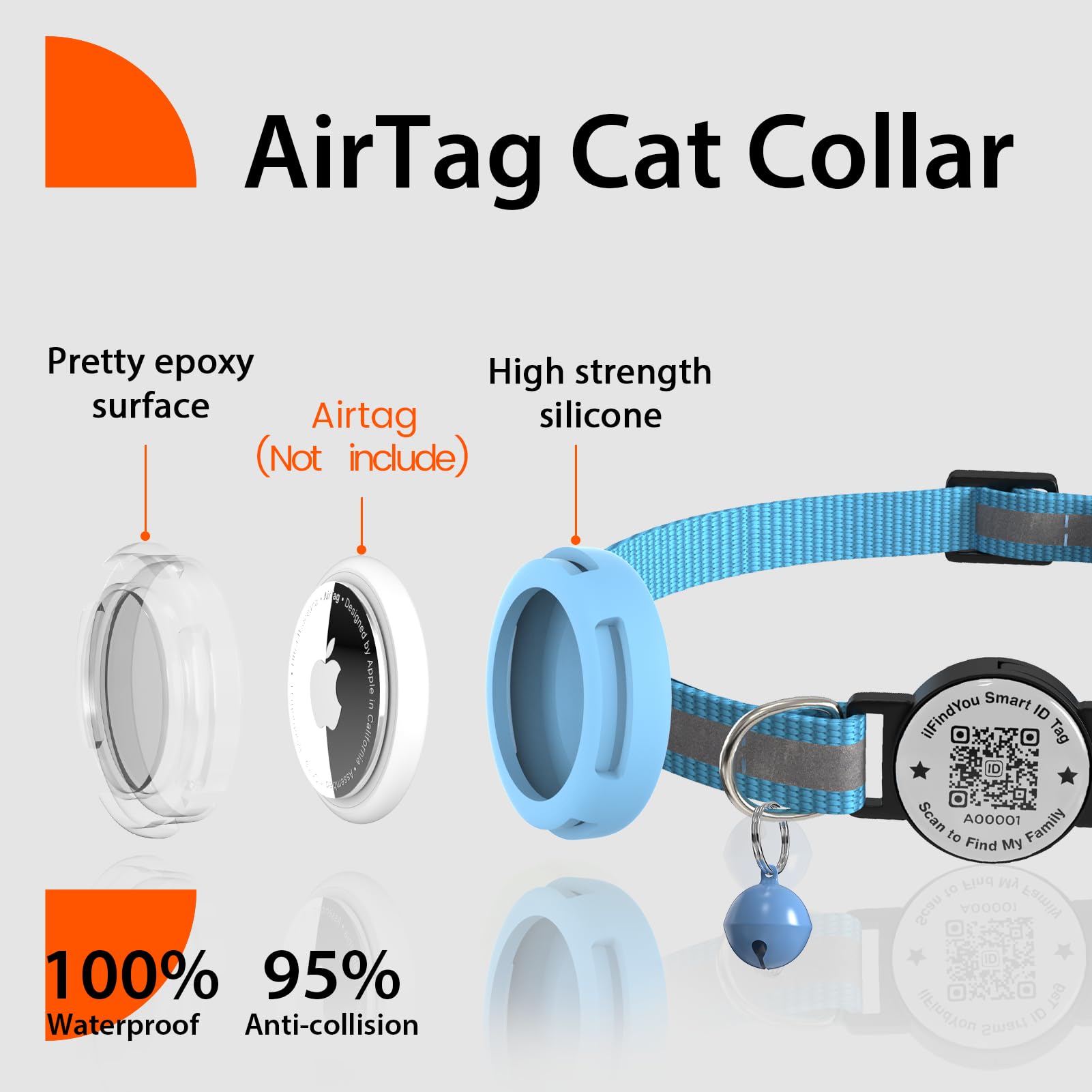 Ilfindyou Waterproof Airtag Cat Collar Breakaway, Reflective Cat Collars With Apple Airtag Holder And Qr Code, Adjustable Gps Tr