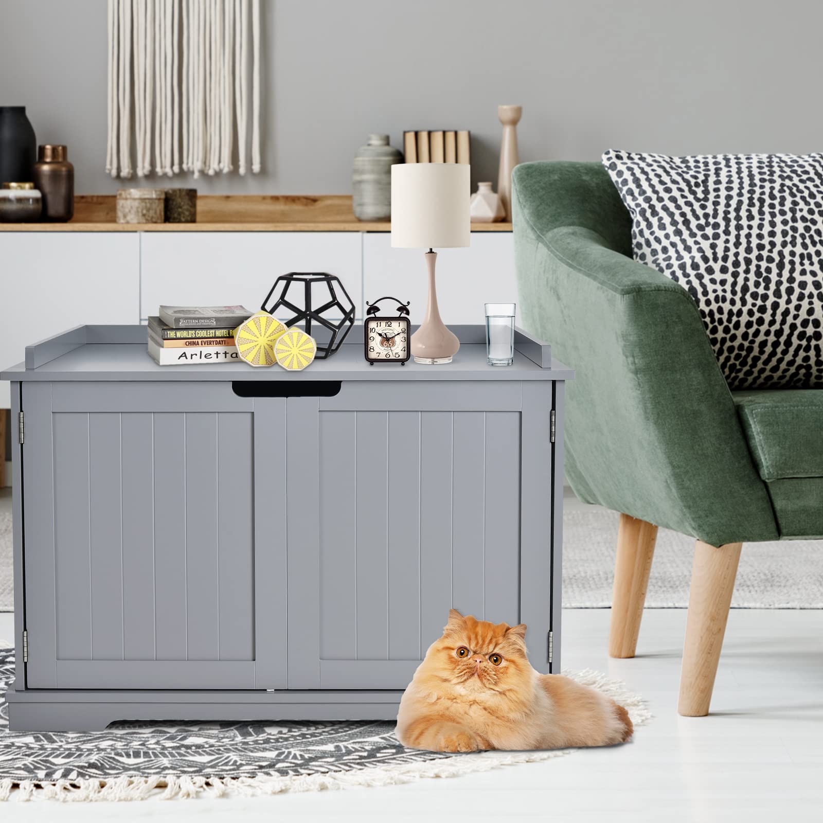 Tangkula Litter Box Enclosure, Cat Litter Box Furniture Hidden, Nightstand Pet House With Double Doors, Indoor Decorative Cat Bo