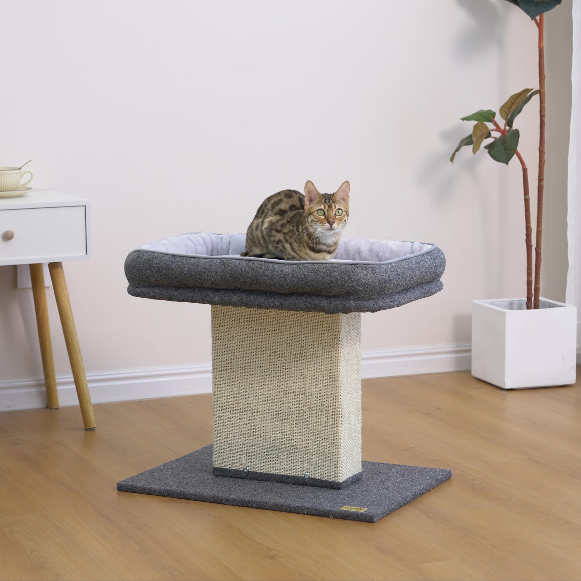 Catry 19'' High 2-In-1 Elevated Cat Perch With Large Soft Felt Bed, Wide Sisal Scratching Post, Minimalist Cat Furniture For Cli