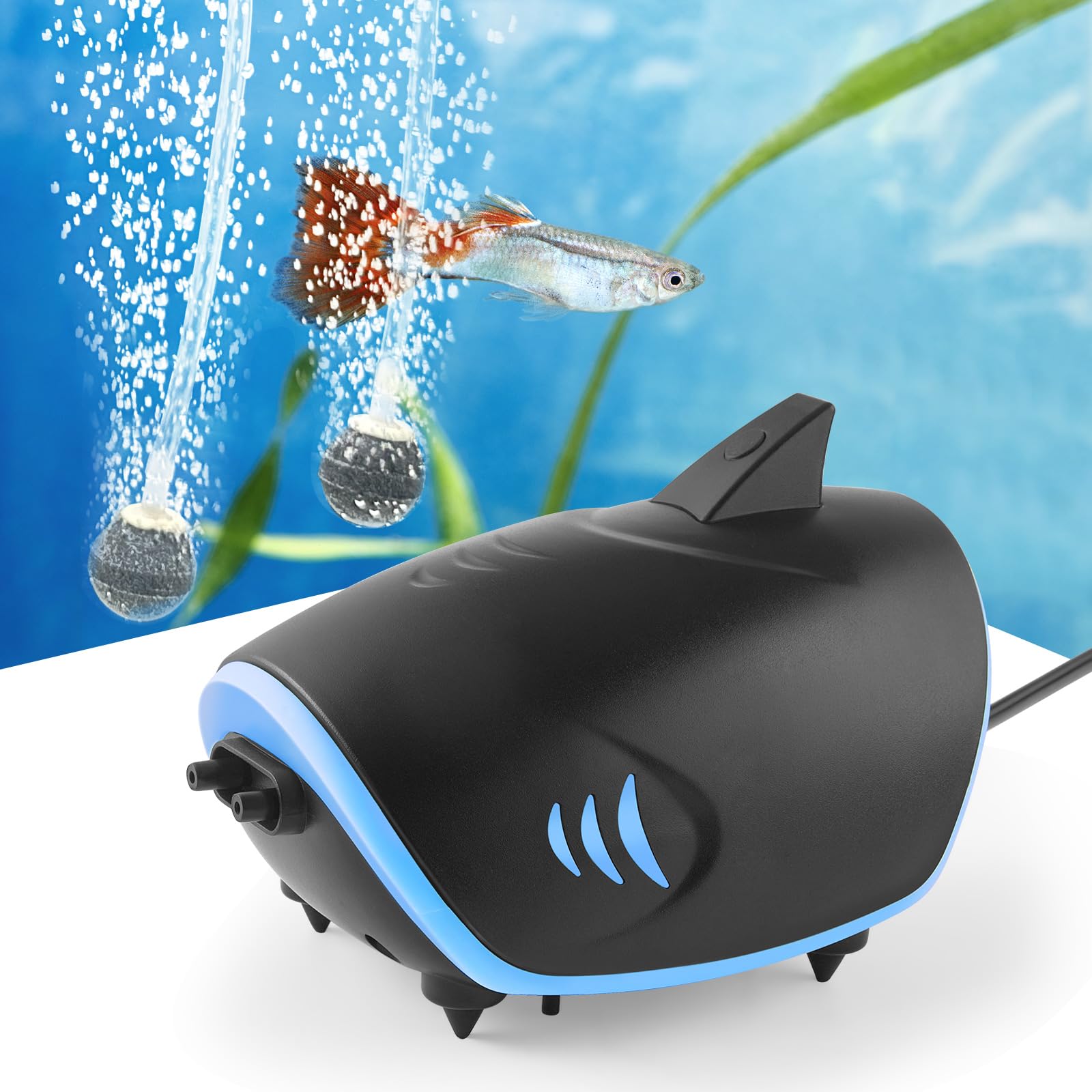 HITOP 3W Quiet Aquarium Air Pump: 80GPH Adjustable Fish Tank Air Pump with Dual Output, Powerful Shark-Shaped Aquarium Aerator, 