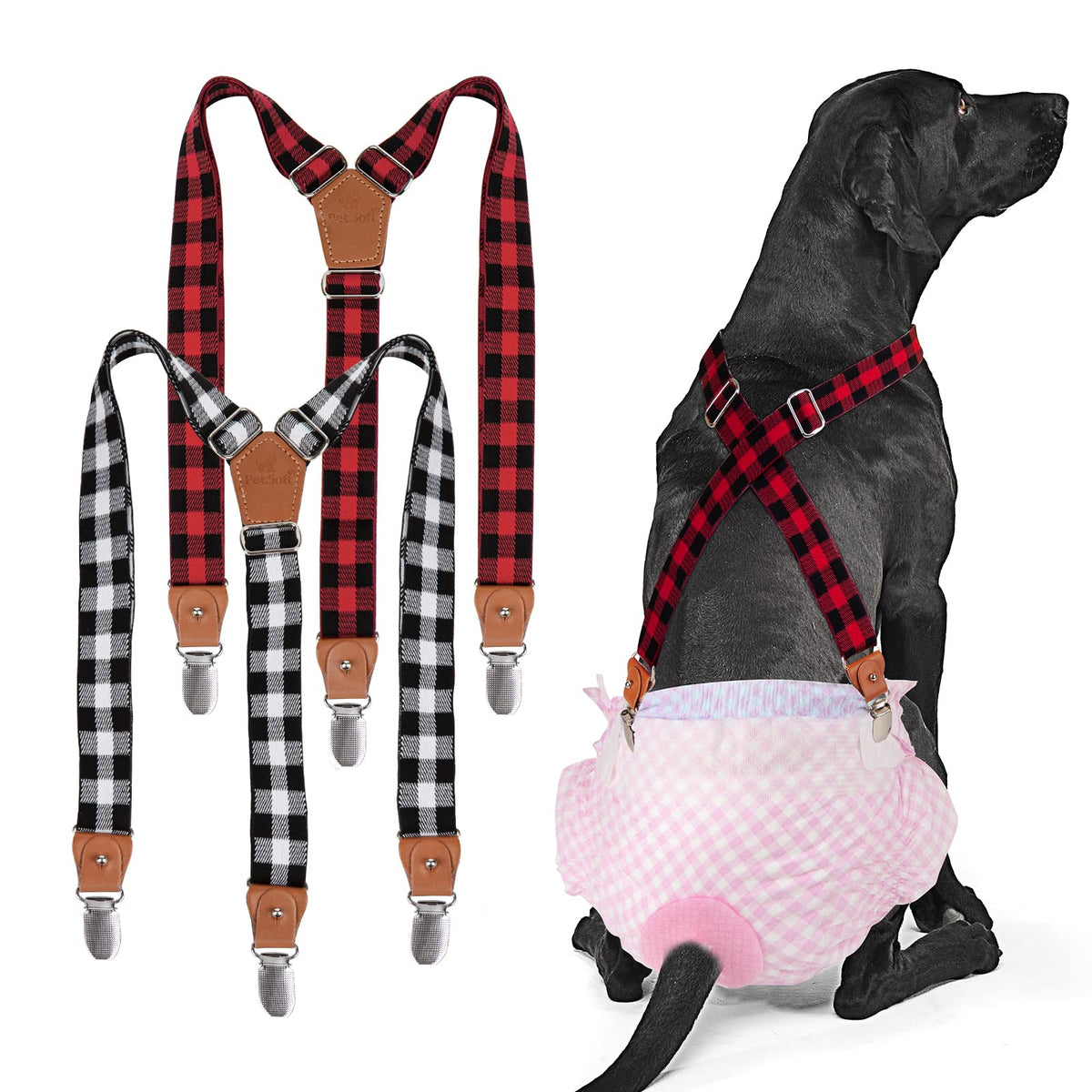 Pet Soft Dog Suspenders 2 Pieces Female Dog Diaper Suspenders For Dogs Diaper Keeper Suspender For Dog Skirt, Dog Dress (Plaid, M/L)