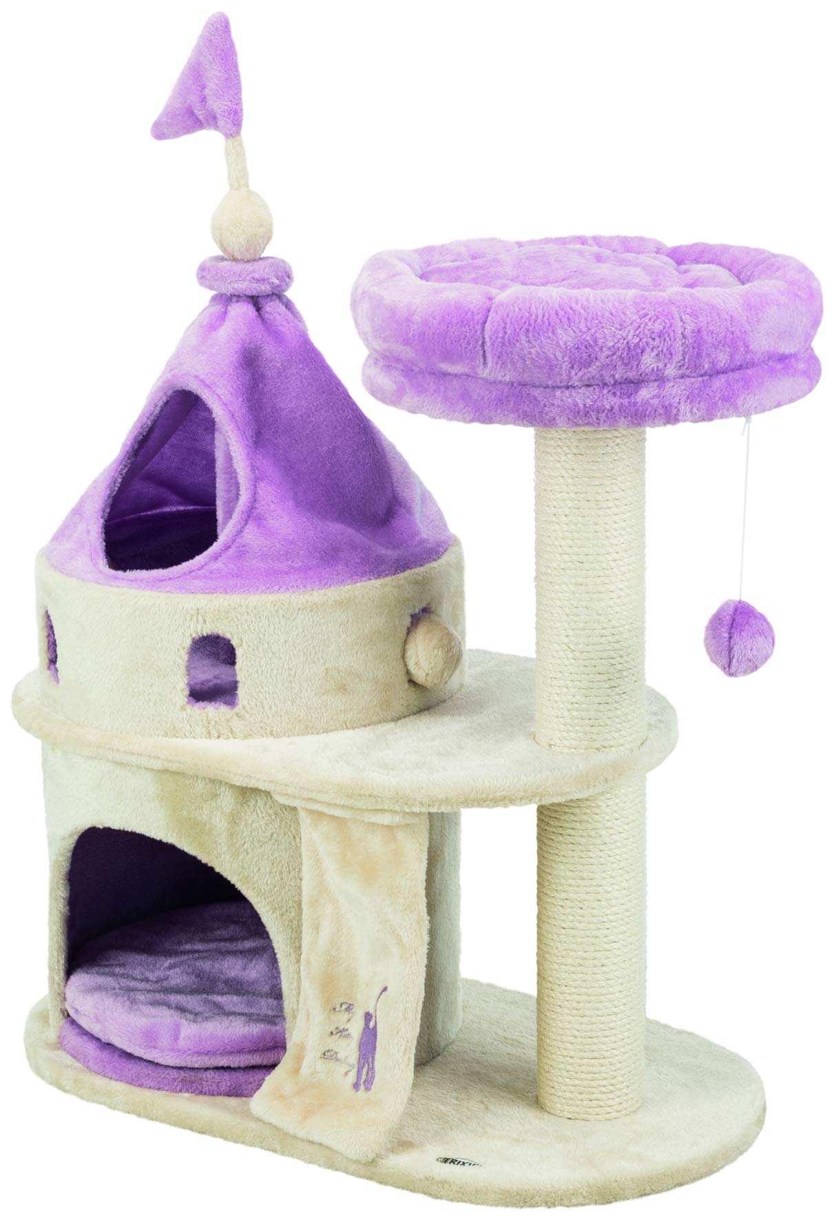 Trixie My Kitty Darling Castle Condo, Scratching Post, Cat Tree, Pom Pom, Crinkle Toy | Beige 27.5 X 14.75 X 35.25 In.