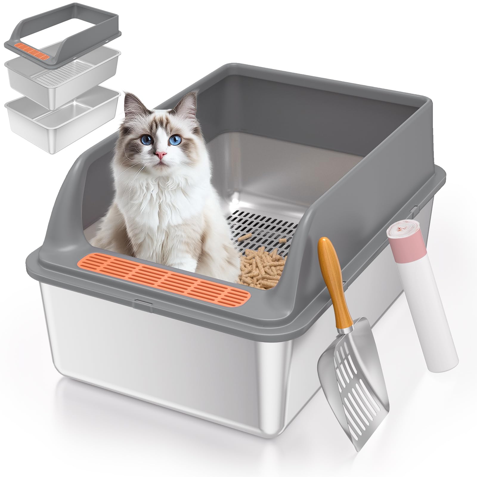 Yoochee Stainless Steel Sifting Litter Box With Lid, Large Sifting Cat Litter Box For Pine Pellets & Small Cats, Metal Pellet Si