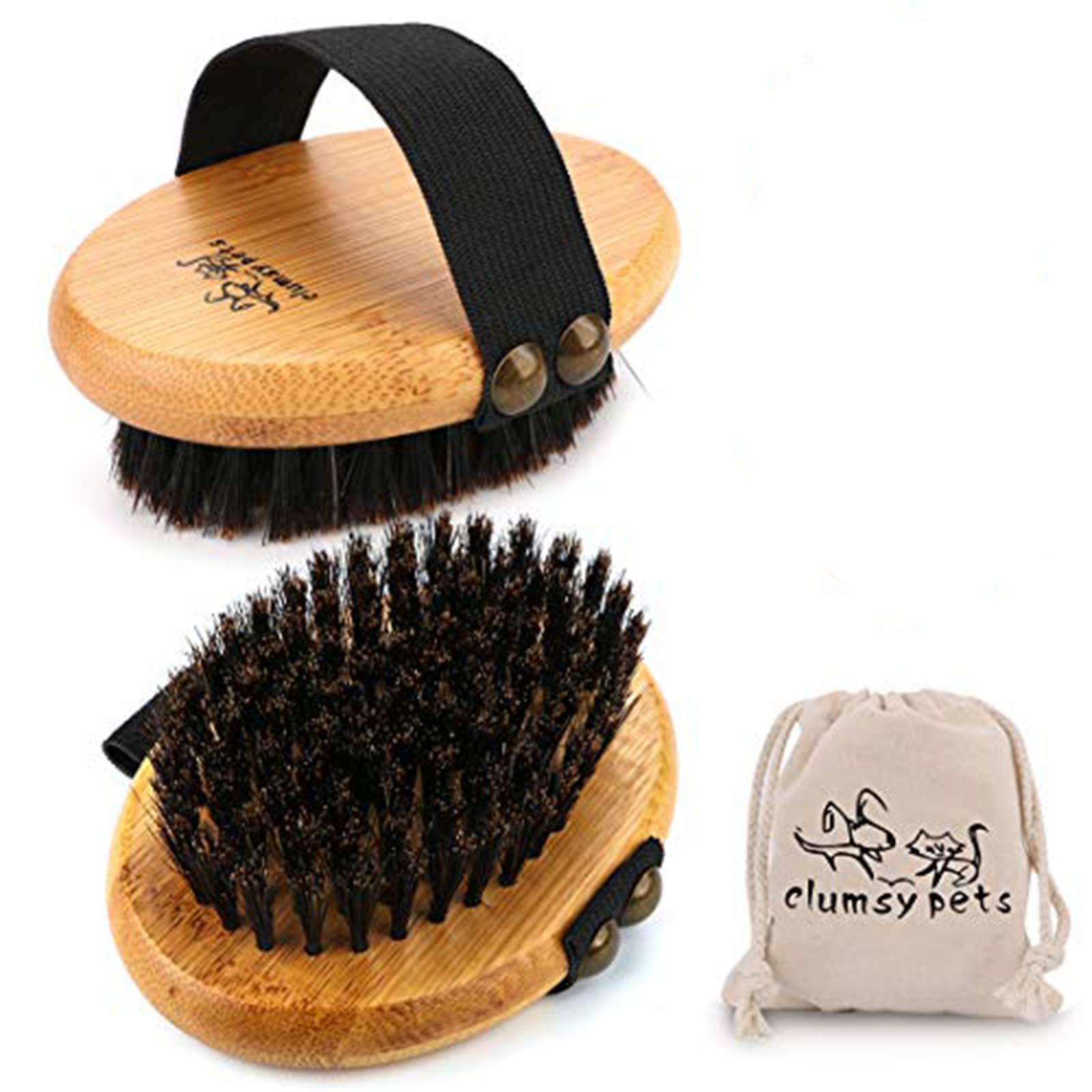 Clumsy Pets Bamboo Grooming Palm-Held Pets Brush With Boar Bristles & Elastic Band For Dog Cat Shower Bath And Massage
