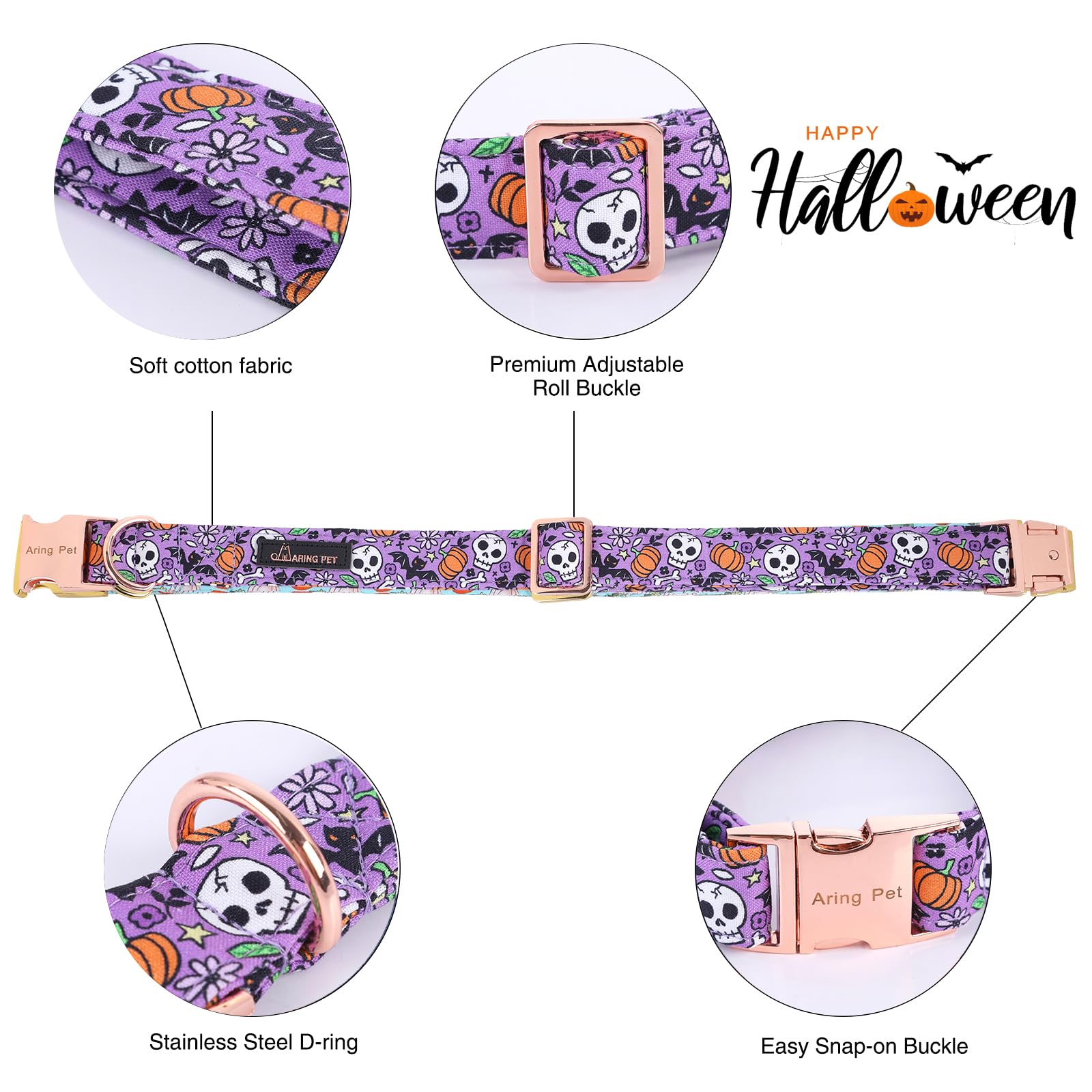 Aring Pet Halloween Dog Collar Cute Pumpkin Dog Collar Bowtie, Cotton Purple Skull Bat Dog Collars Daisy Puppy Collars With Metal Buckle