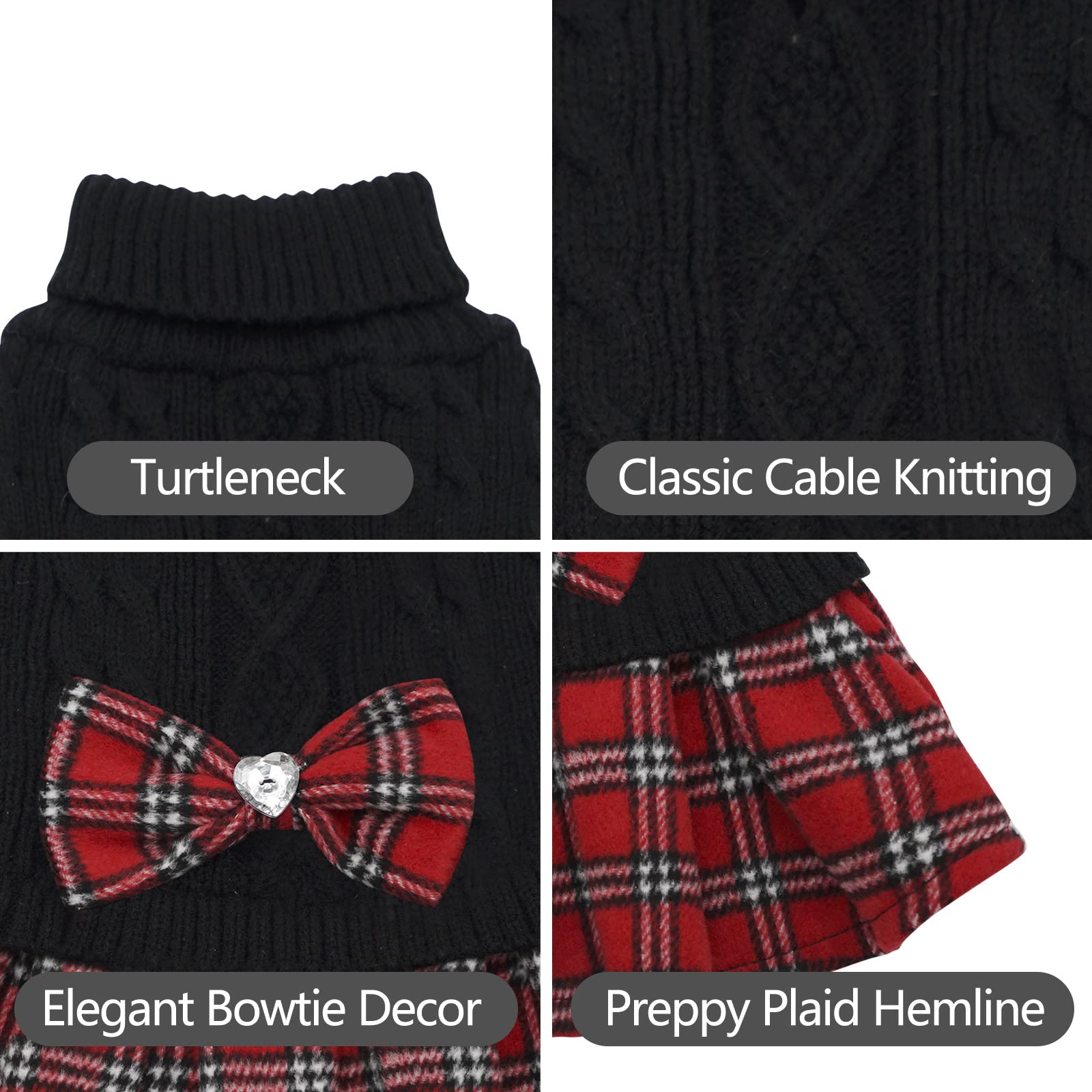 Kyeese Dog Sweater Dress With Leash Hole For Small Dogs With Bowtie Buffalo Check Red Turtleneck Dog Pullover Knitwear Puppy Cat Sweater Black