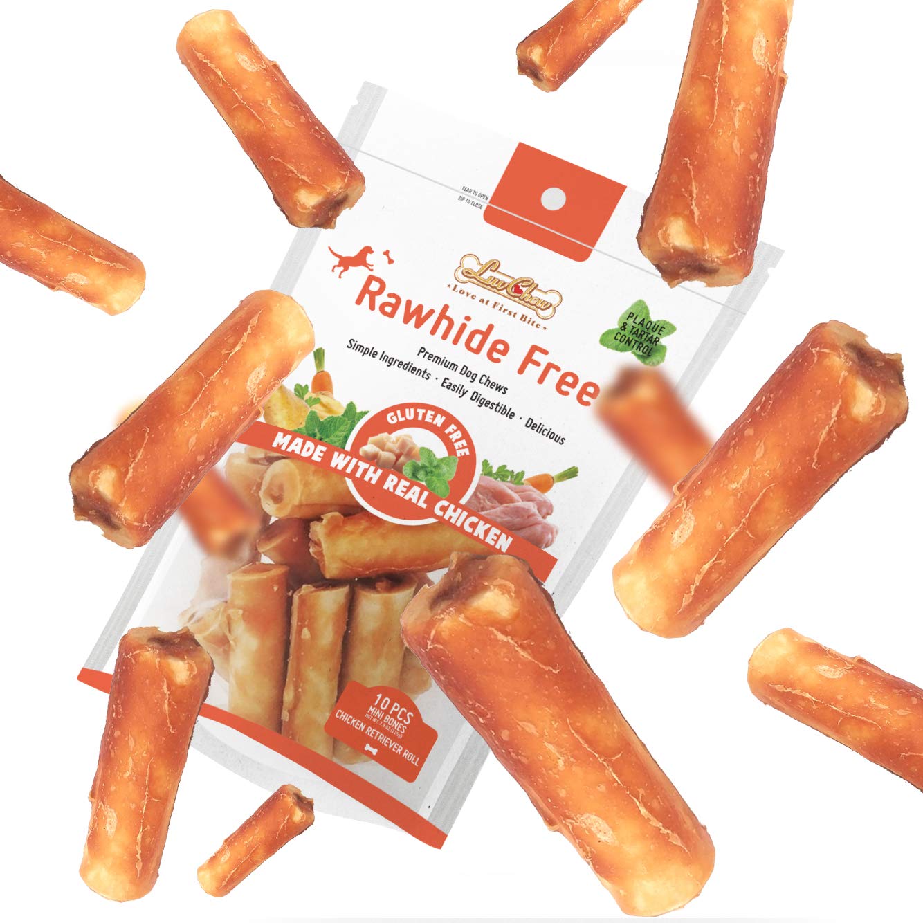 LuvChew Gluten Free Rawhide Free Dog Chew Chicken Rolls Mini 2.5 for Small Dogs 10 pcs/Pack