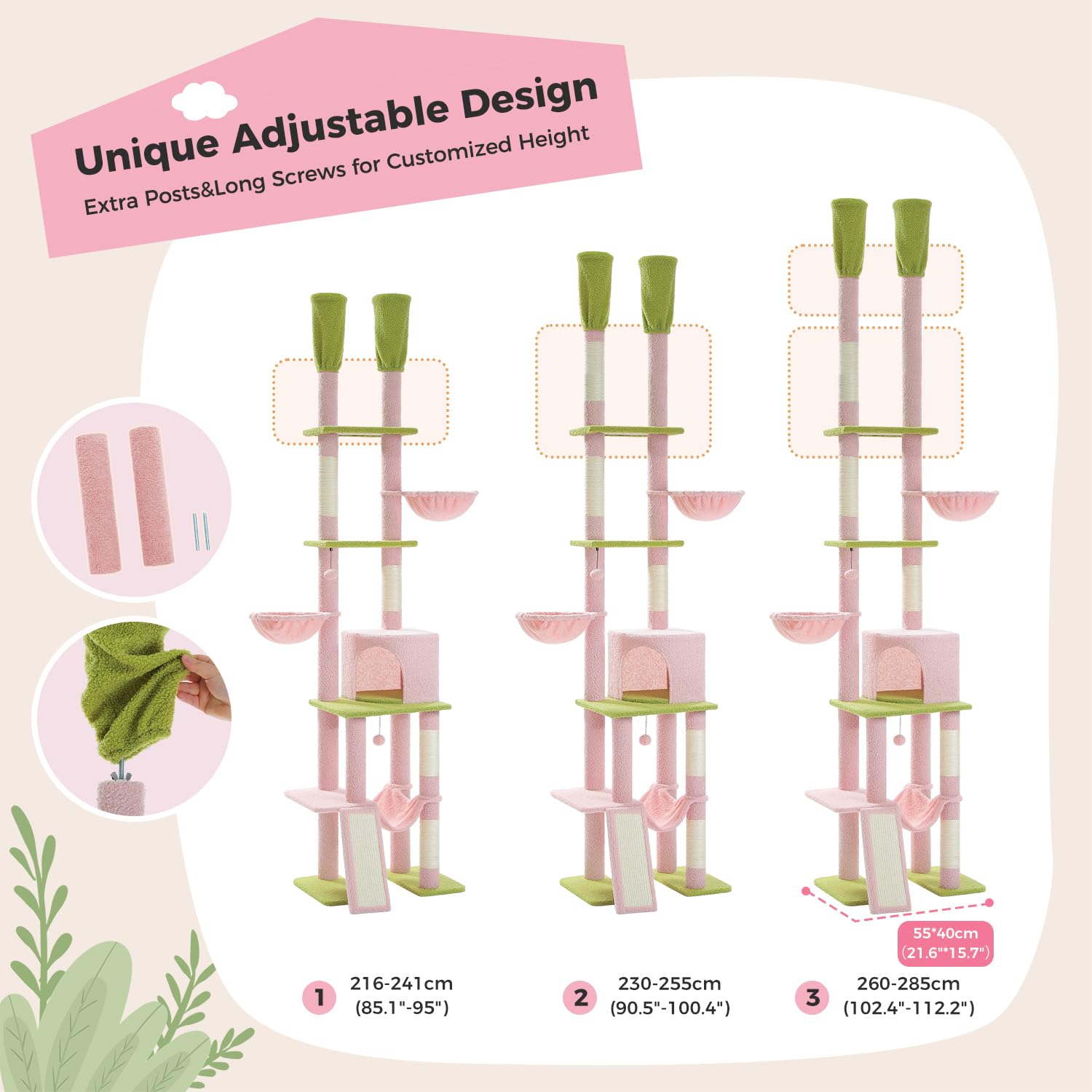 Pawz Road Pink Cat Tree, Floor To Ceiling Cat Tower With Adjustable Height(85-112 Inches), 7 Tiers Climbing Activity Center With