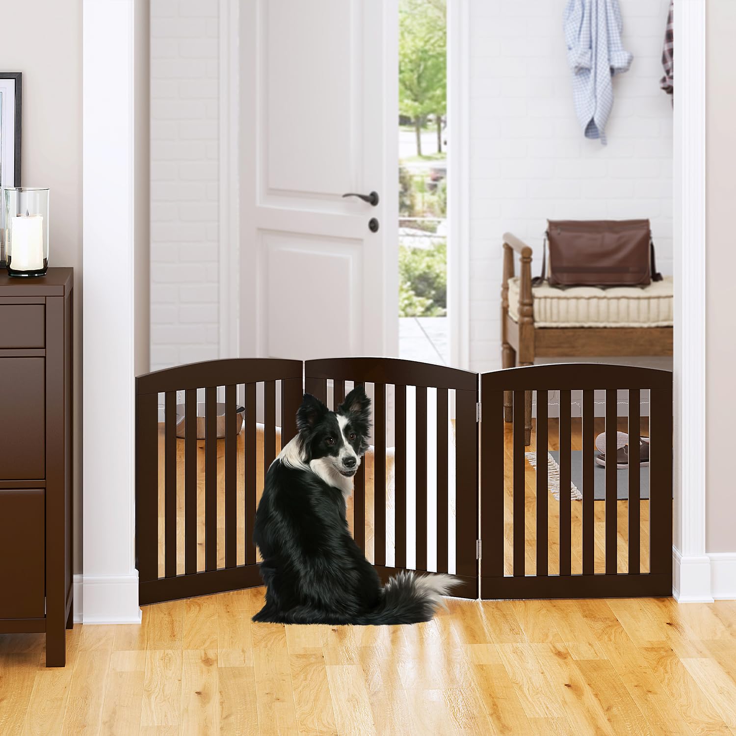 PAWLAND Wooden Freestanding Foldable Pet Gate for Dogs, 24 inch 3 Panels Step Over Fence, Dog Gate for The House, Doorway, Stair