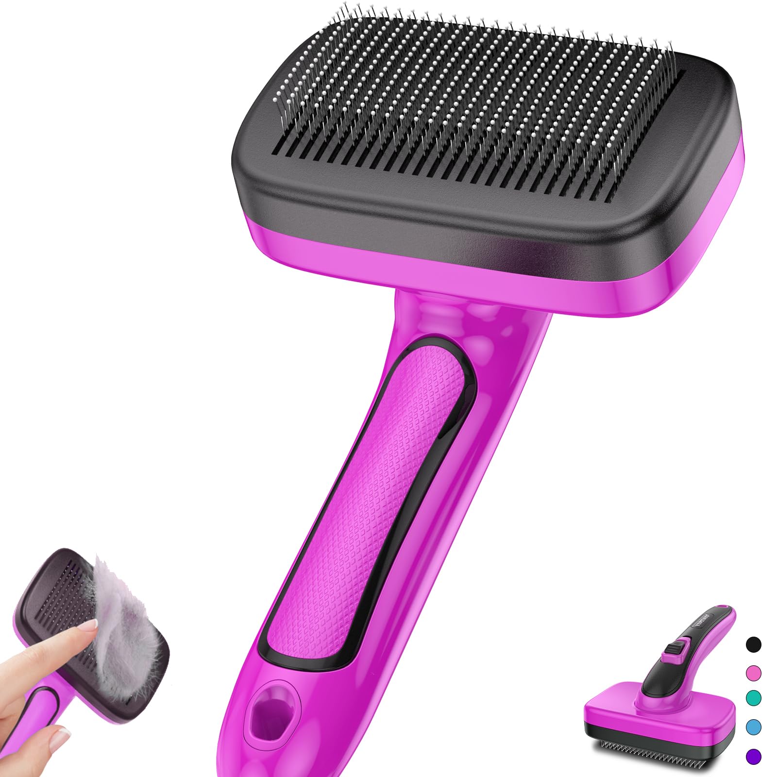 Dogs Self Cleaning Slicker Brush For Shedding & Grooming Long Short Haired, Cats Retractable Brushes For Large Medium Small. Gently Removes Loose Undercoat, Mats Tangled Hair From Pet'S Coat (Pink)
