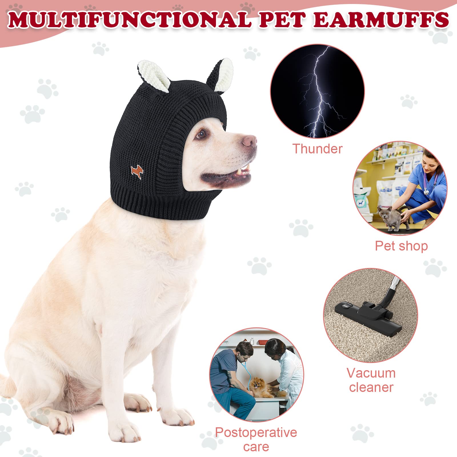 Frienda Dog Ear Muffs - Noise Protection Knitted Hats for Medium to Large Dogs - Black Winter Snood Head Wrap