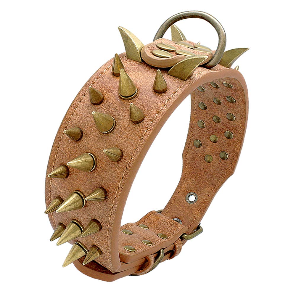 Berry Pet 2' Spiked Leather Dog Collar - Anti-Bite Sharp Rivet Studded For Pit Bull Medium Large Dogs,Brown Neck For 14-19' Total Length 21.5'