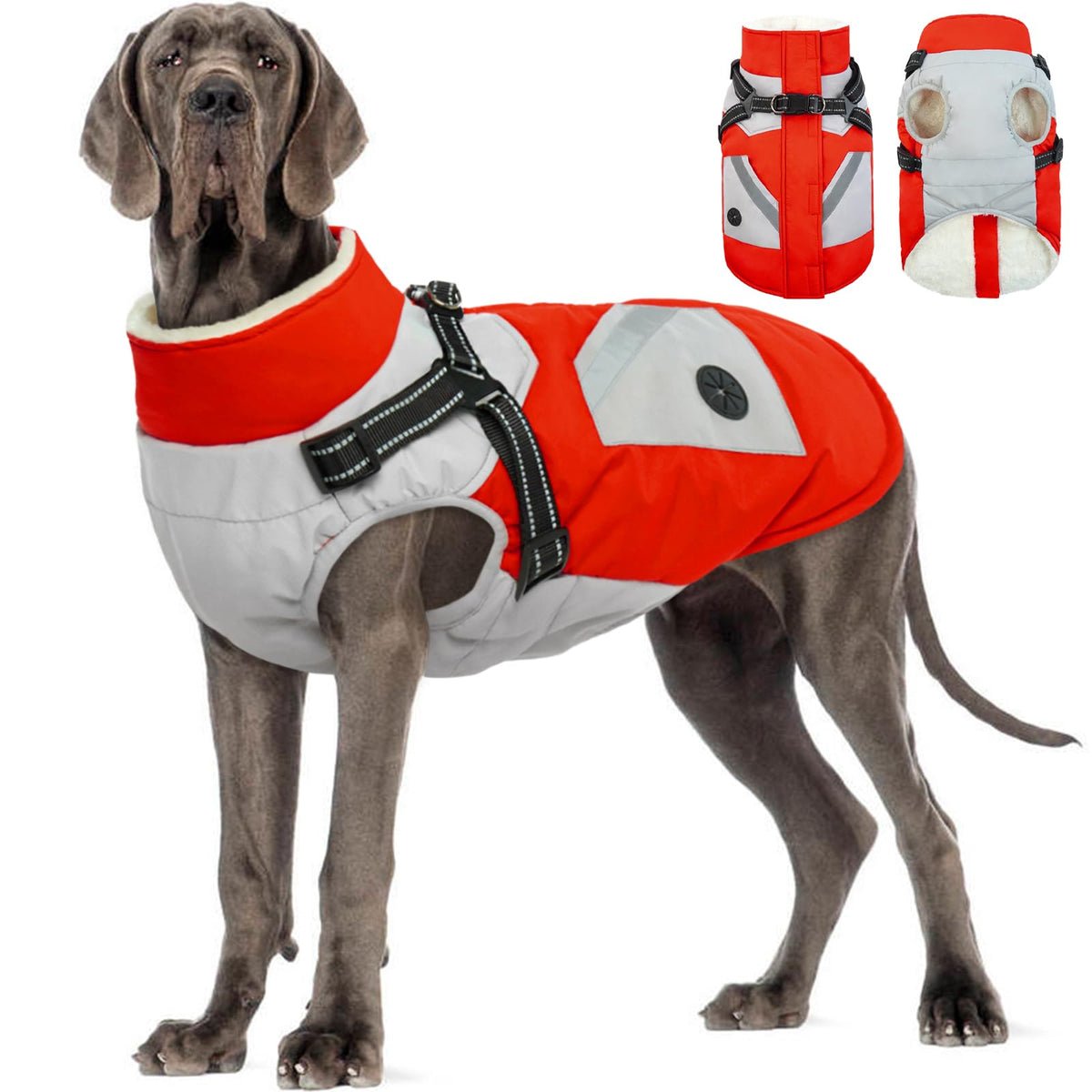 Fuamey Dog Jacket - Waterproof & Reflective Winter Coat With Built-In Harness & Zipper - Extra Large Red Xxxl With Poop Bag Pock