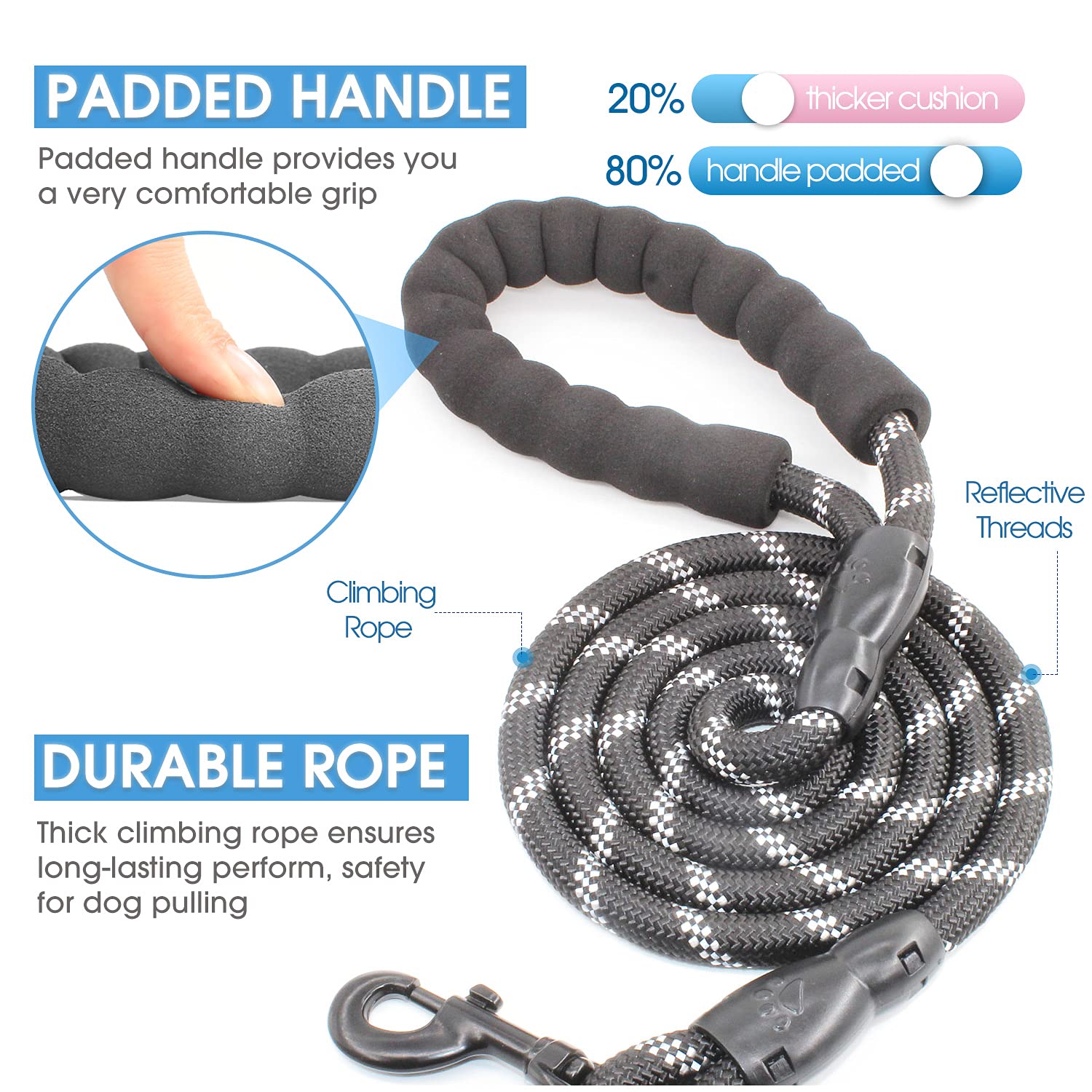 Baapet 2/4/5/6 Ft Dog Leash With Comfortable Padded Handle And Highly Reflective Threads For Small Medium And Large Dogs (5Ft-1/2'', Black)